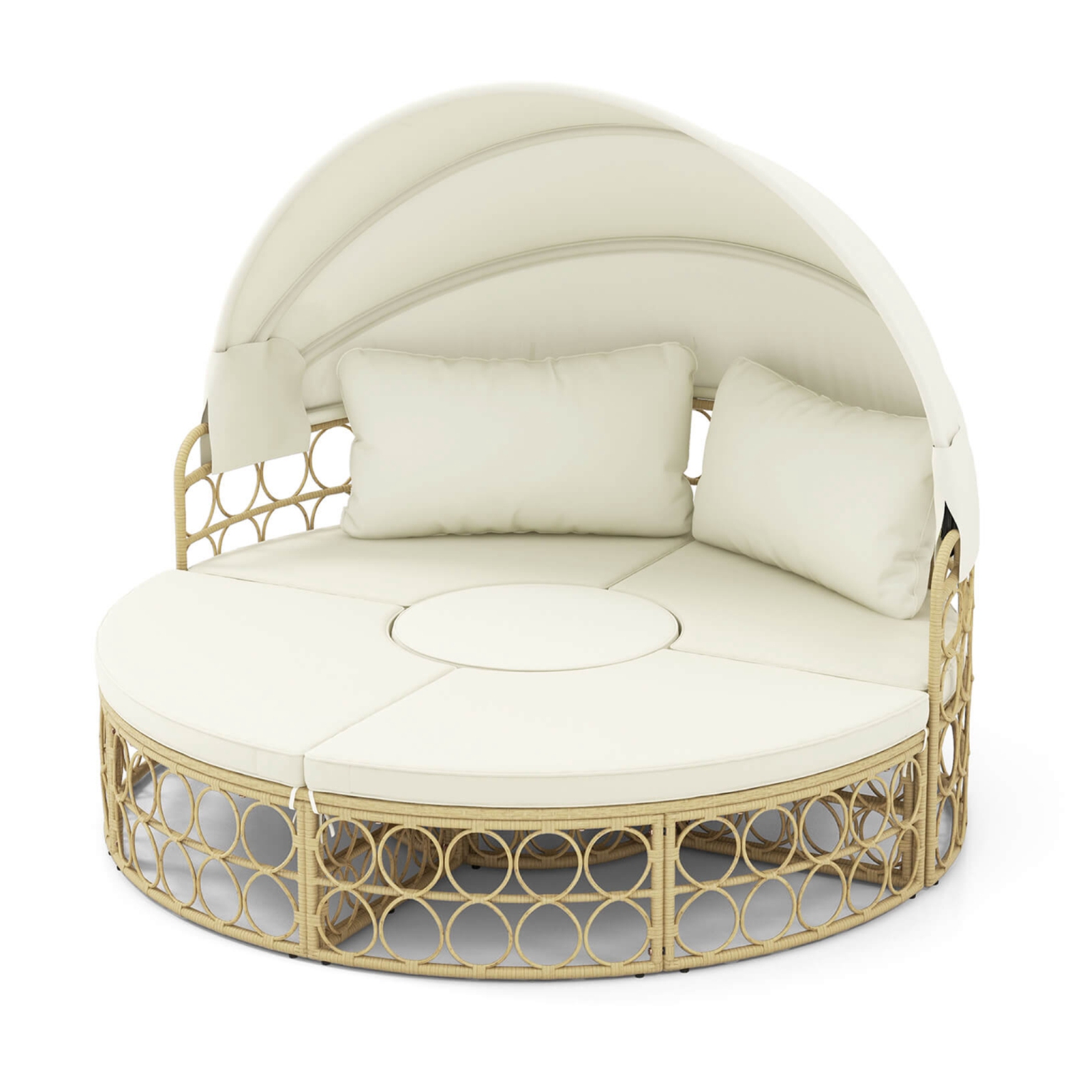 Gymax Round Daybed w/ Retractable Canopy Soft Cushions for Patio Beige & Off White