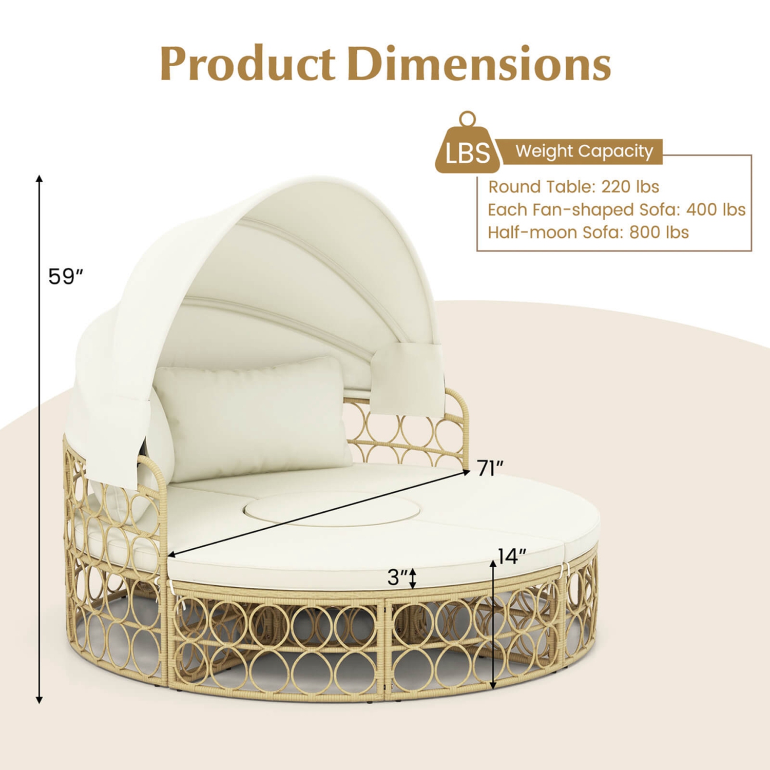 Gymax Round Daybed w/ Retractable Canopy Soft Cushions for Patio Beige & Off White