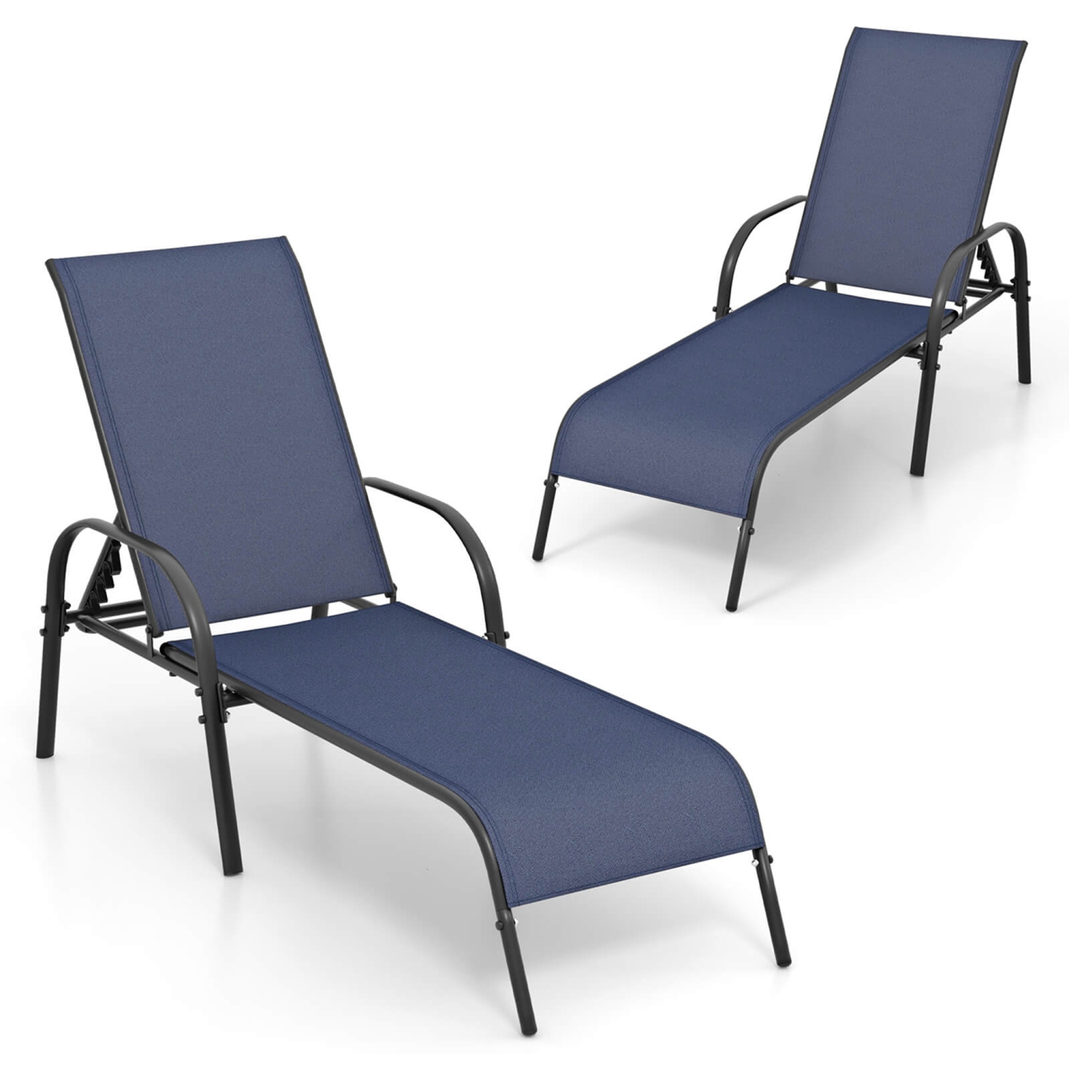 Gymax 2 PCS Lounge Chair Chaise Adjustable Reclining Armrest Patio Navy