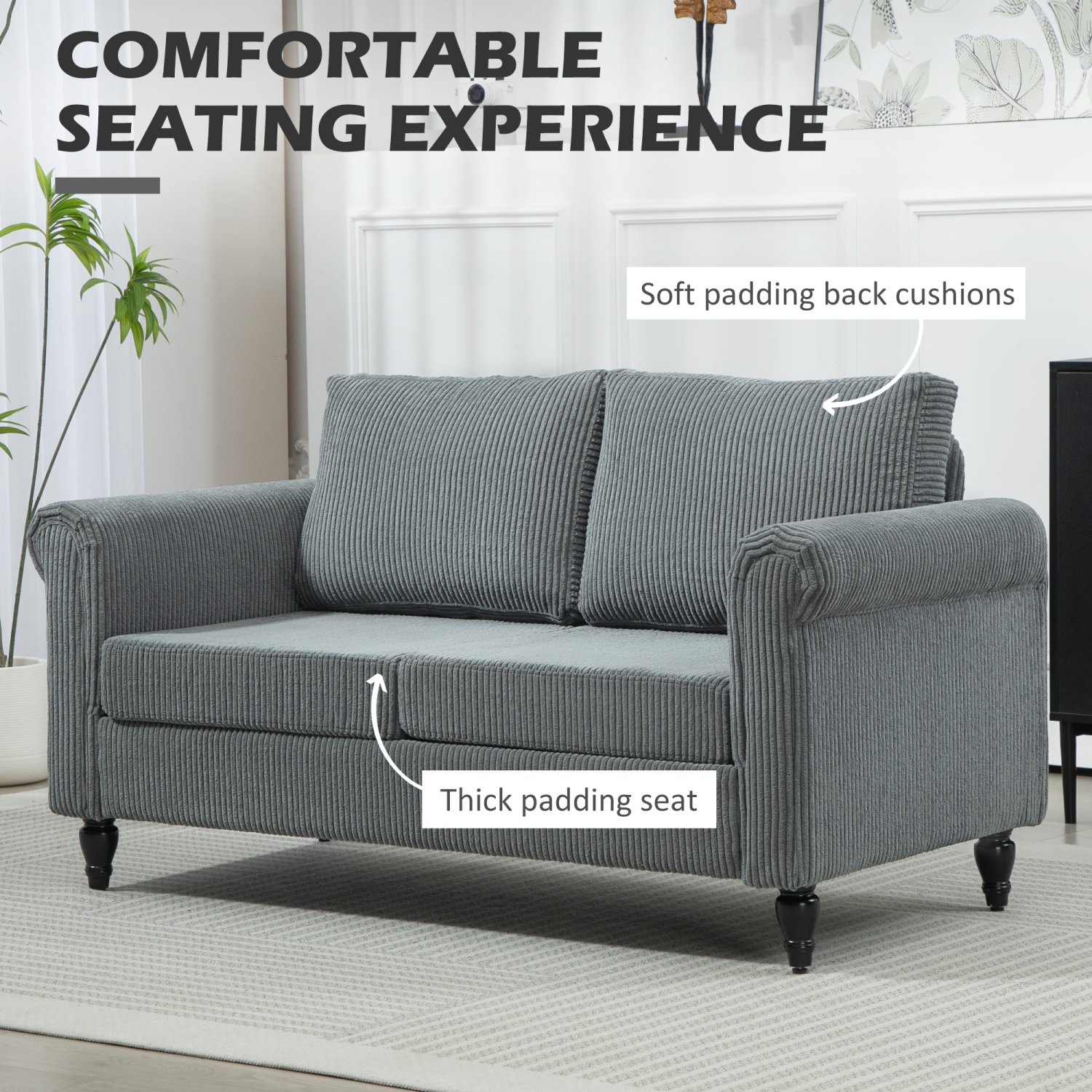 HOMCOM – Causeuse à revêtement, canapé à 2 places en tissu de style velours côtelé avec accoudoirs arrondis, pattes en bois d'hévéa en forme de