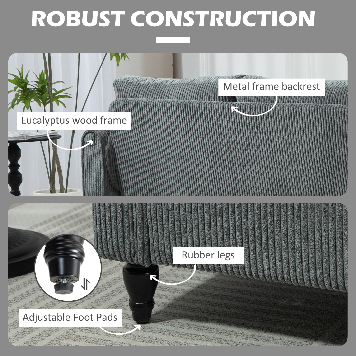 HOMCOM – Causeuse à revêtement, canapé à 2 places en tissu de style velours côtelé avec accoudoirs arrondis, pattes en bois d'hévéa en forme de