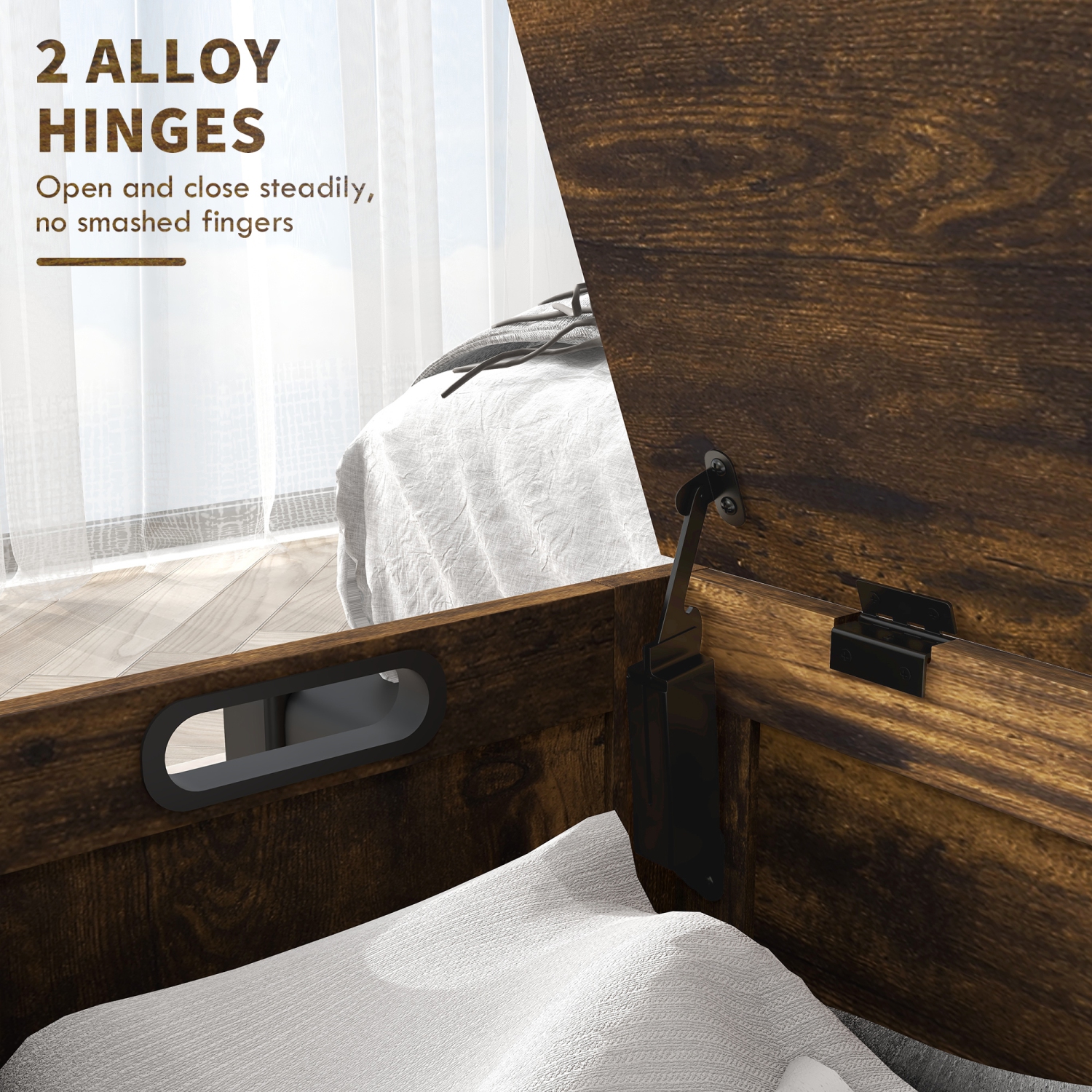 HOMCOM – Coffre de rangement moderne avec 2 charnières de sécurité et poignées découpées, banc de rangement pour le salon, banc à chaussures pour