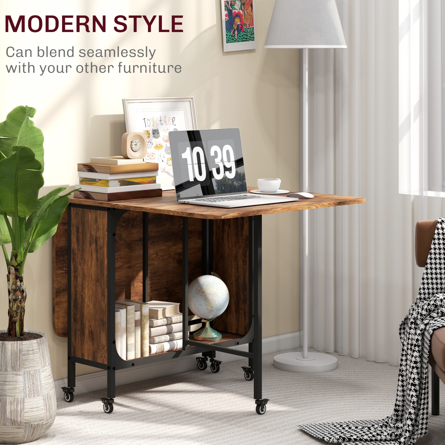 HOMCOM 51" Folding Dining Table for 6, Mobile Drop Leaf Table, Extendable Kitchen Table with Storage Shelf and 6 Wheels for Small Spaces, Rustic Brown