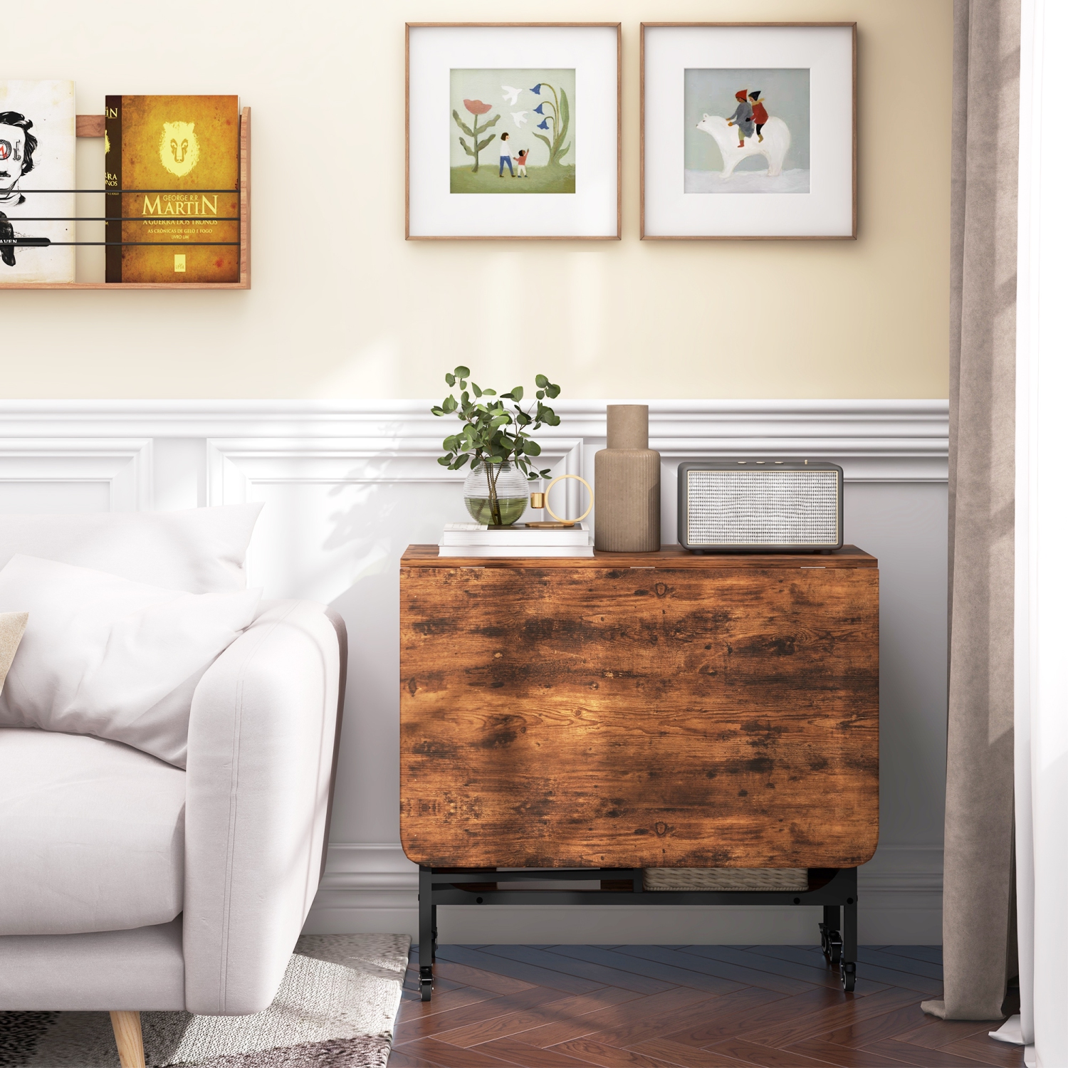 HOMCOM 51" Folding Dining Table for 6, Mobile Drop Leaf Table, Extendable Kitchen Table with Storage Shelf and 6 Wheels for Small Spaces, Rustic Brown