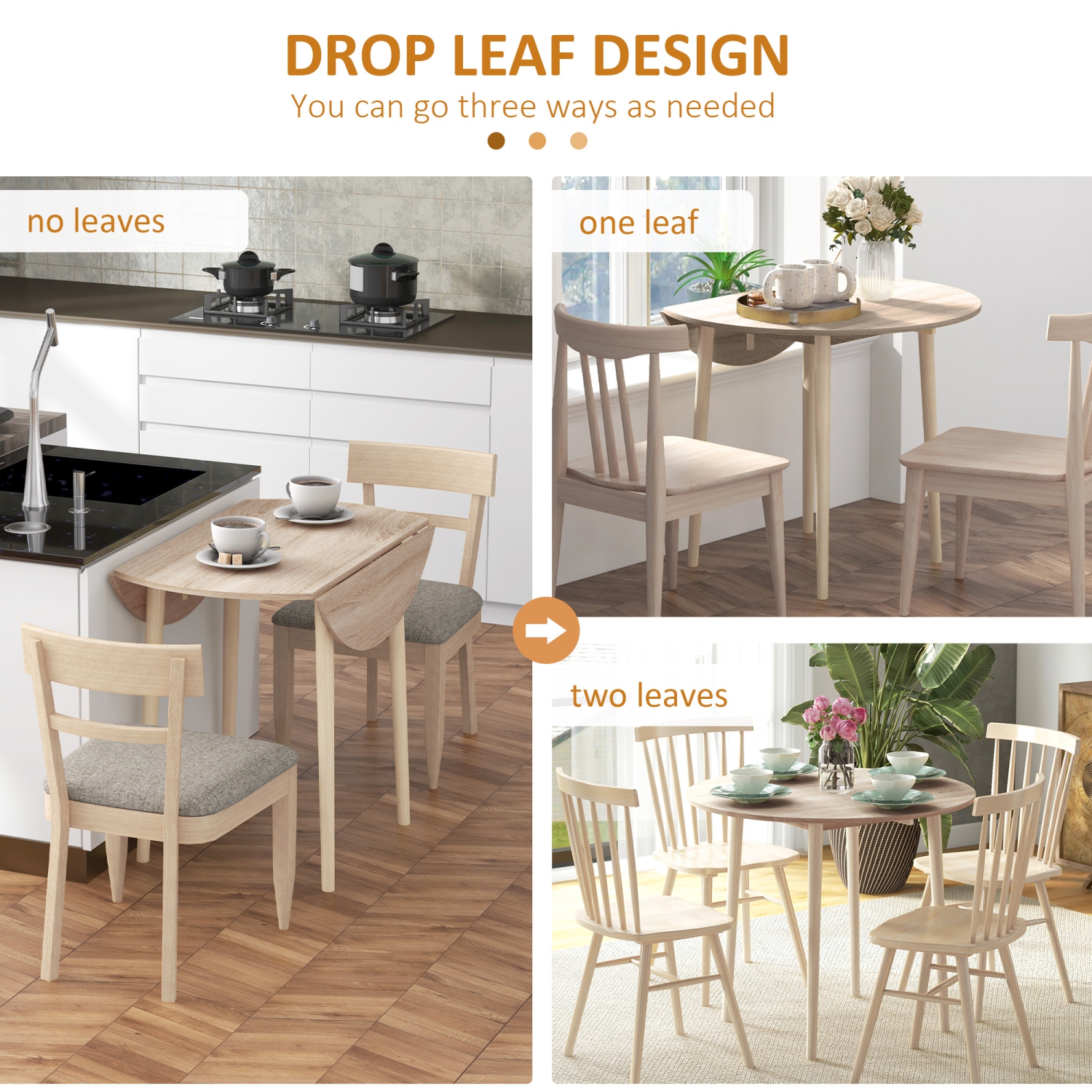 HOMCOM Folding Dining Table, Round Drop Leaf Table for Small Spaces, Foldable Table with Wood Legs for Kitchen, Dining Room, Oak