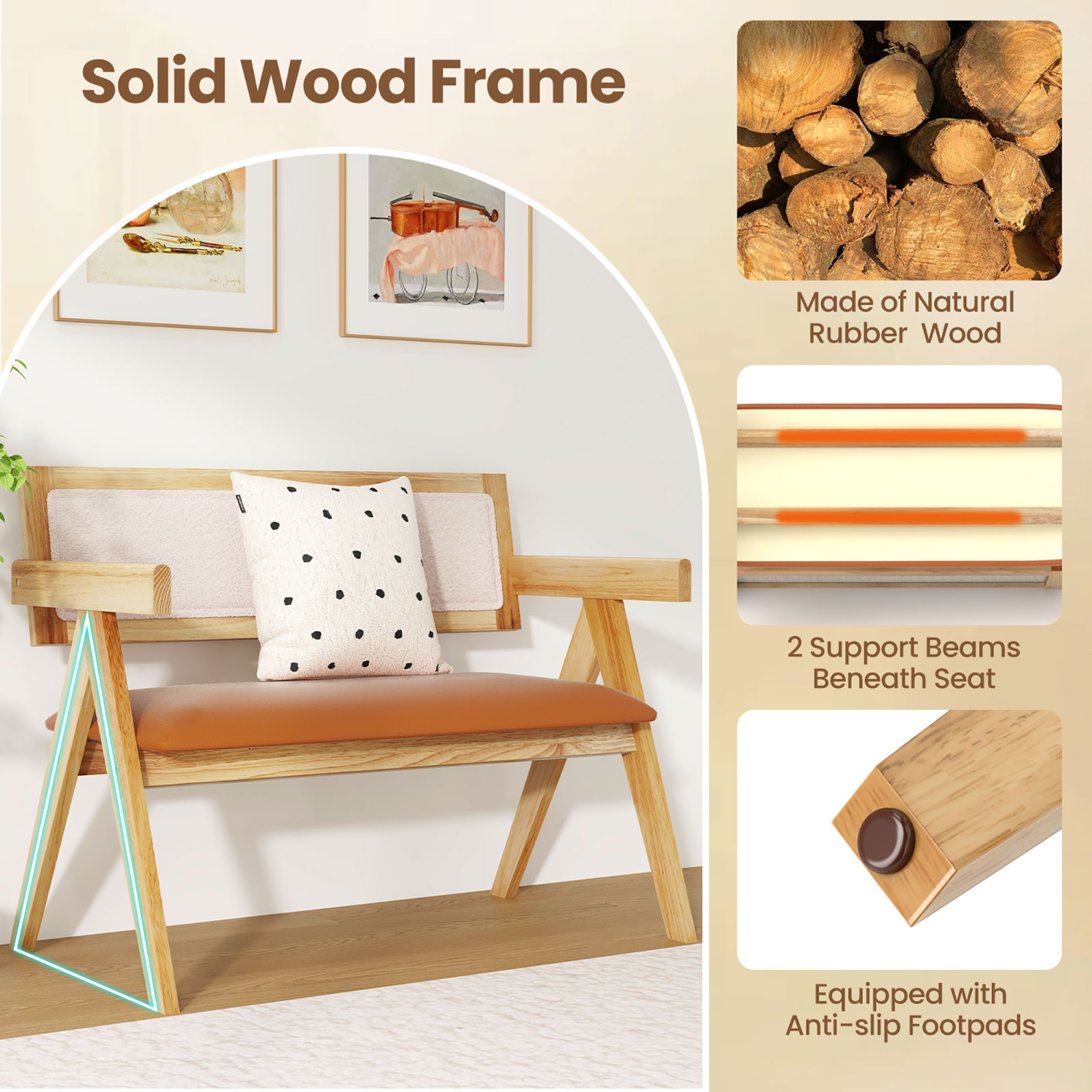 Gymax Rubber Wood Dining Bench w/Armrest Sherpa Upholstered Backrest Soft-padded Seat