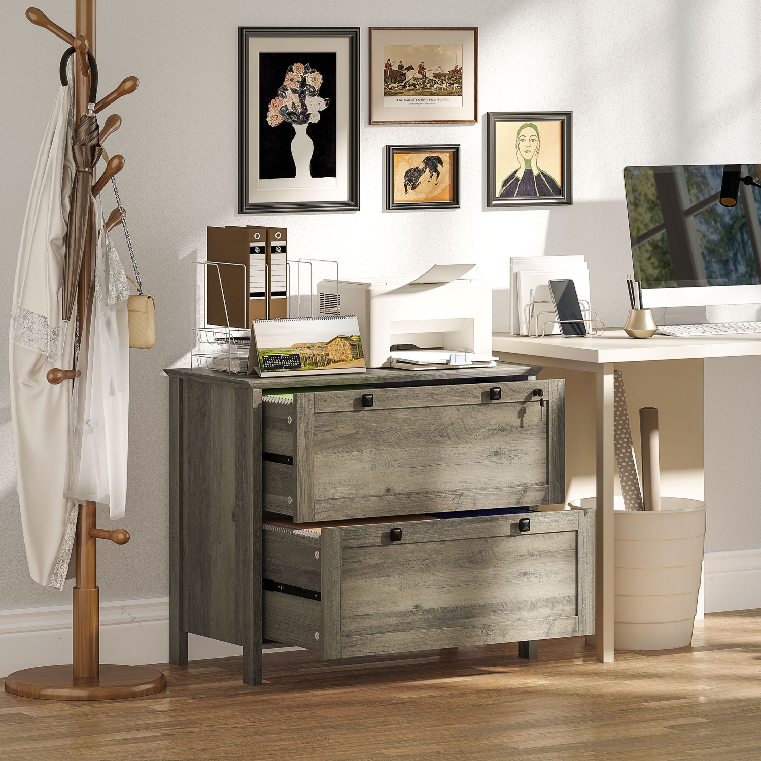 HOMCOM Lateral File Cabinet, 2 Drawer Filing Cabinet with Lock, Printer Stand, Office Filing Cabinet Organizer for A4, Letter Size, Weathered Grey Oak