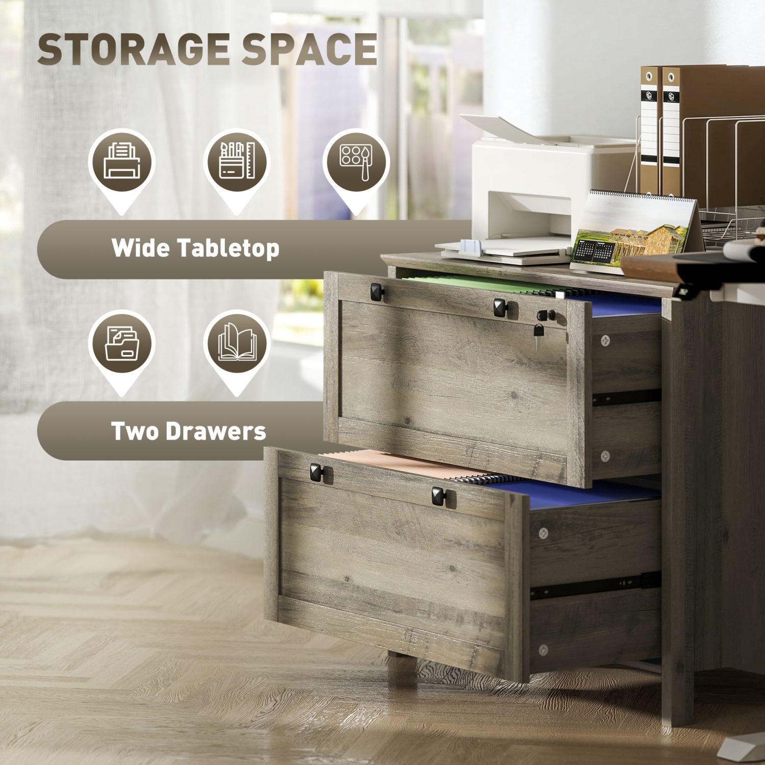 HOMCOM Lateral File Cabinet, 2 Drawer Filing Cabinet with Lock, Printer Stand, Office Filing Cabinet Organizer for A4, Letter Size, Weathered Grey Oak