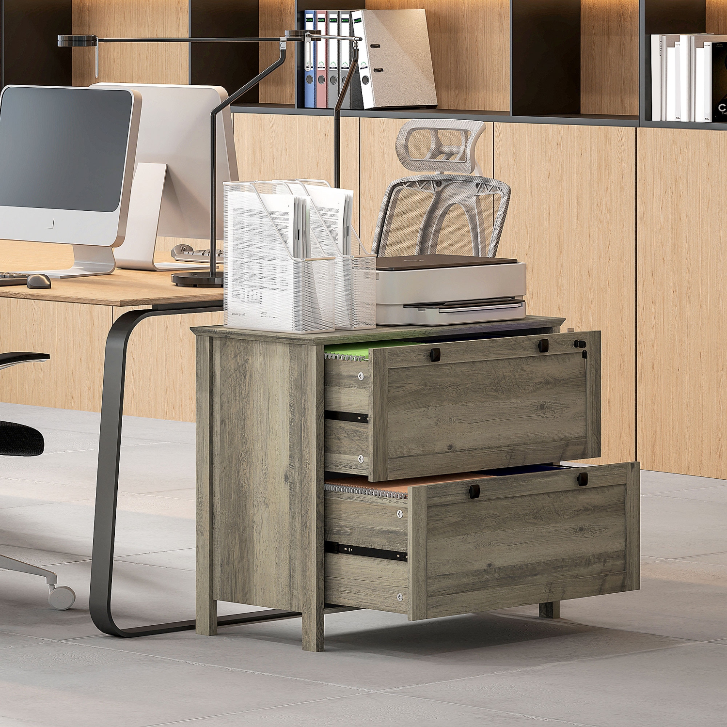 HOMCOM Lateral File Cabinet, 2 Drawer Filing Cabinet with Lock, Printer Stand, Office Filing Cabinet Organizer for A4, Letter Size, Weathered Grey Oak