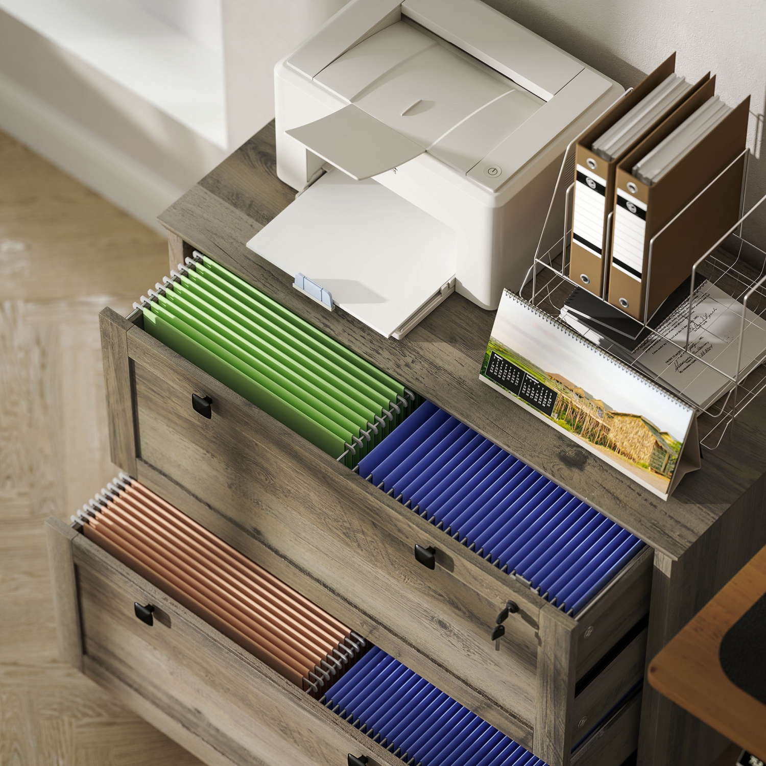 HOMCOM Lateral File Cabinet, 2 Drawer Filing Cabinet with Lock, Printer Stand, Office Filing Cabinet Organizer for A4, Letter Size, Weathered Grey Oak