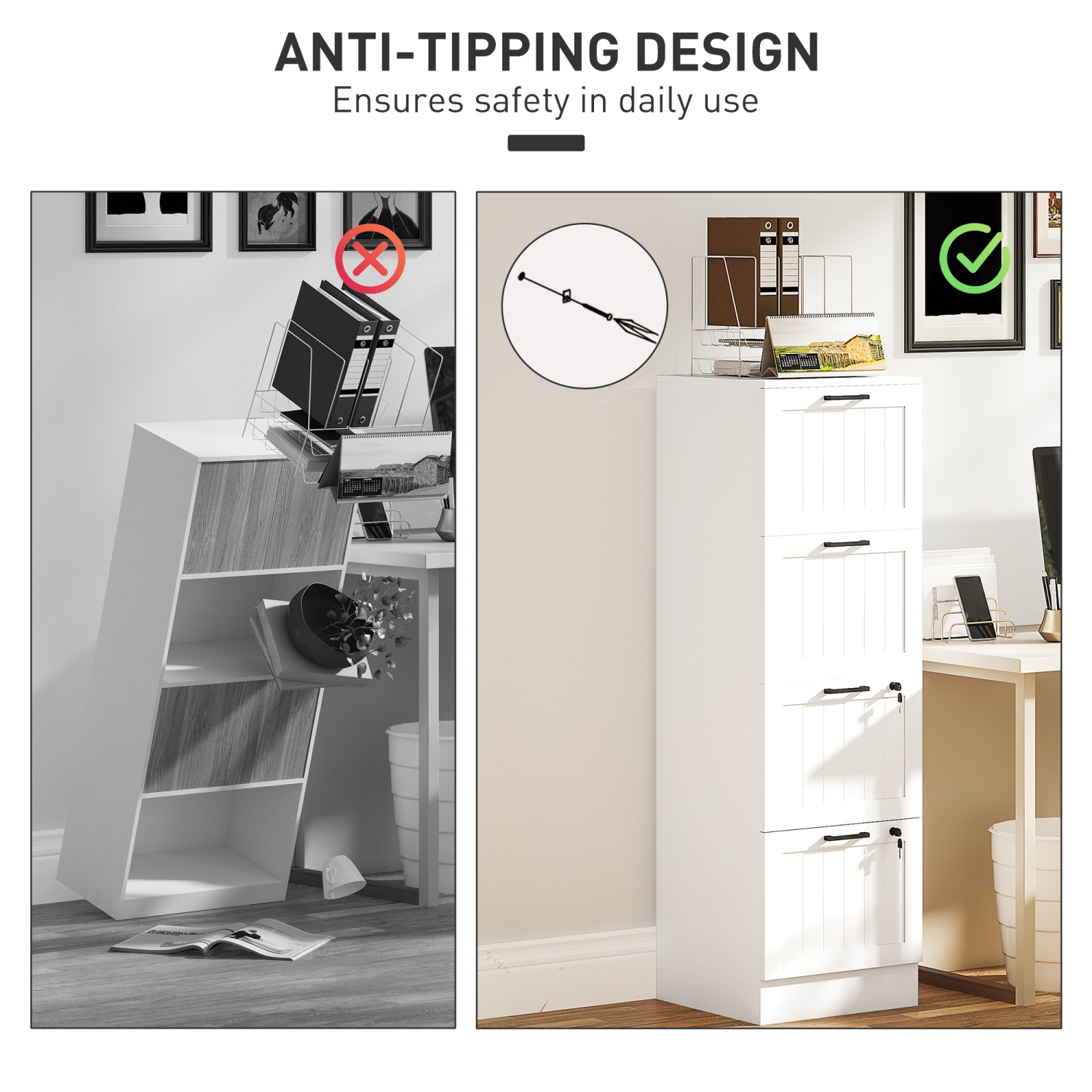 HOMCOM – Classeur à 4 tiroirs avec verrou, classeur vertical avec barres de suspension réglables pour dossiers de format A4 et lettre, support pour