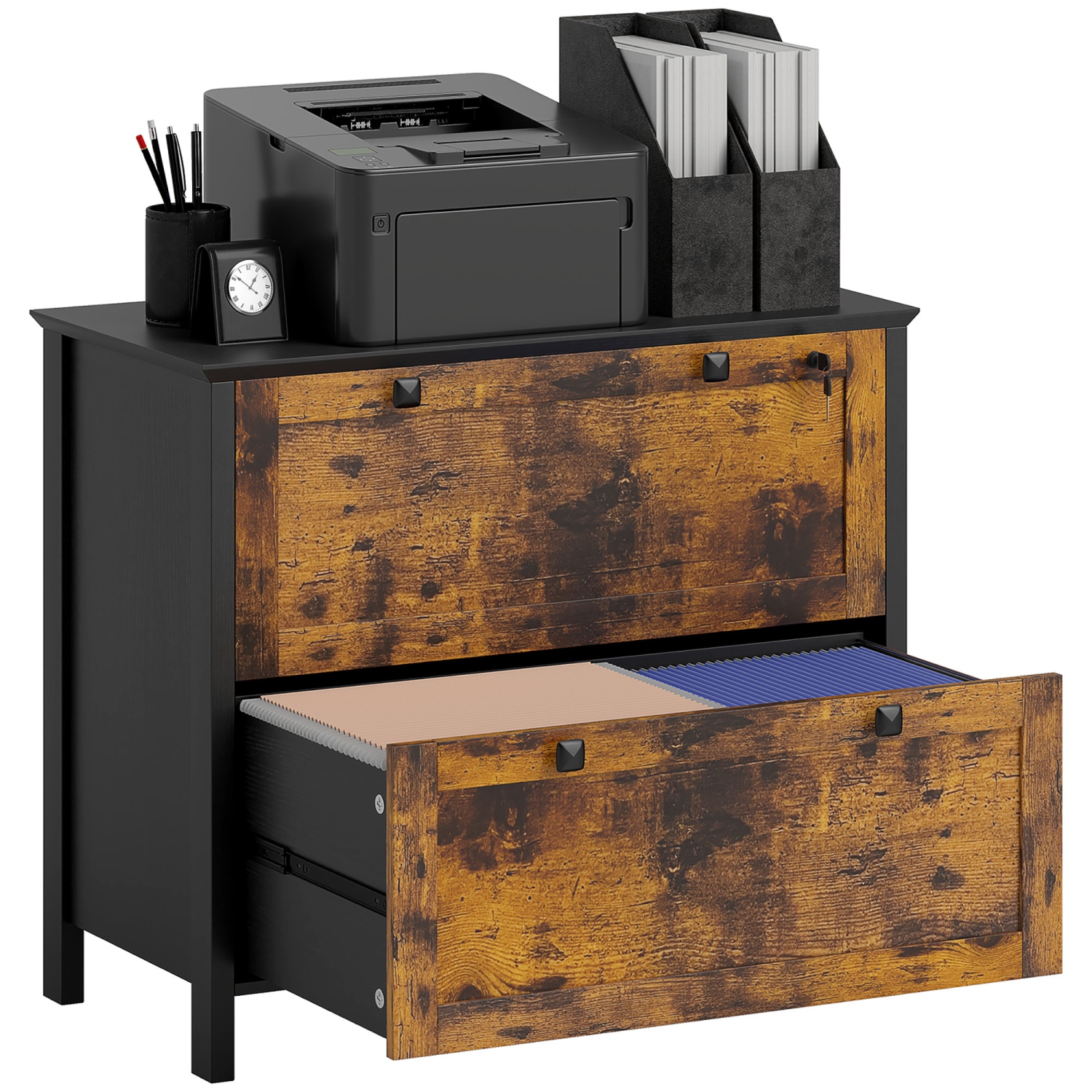 HOMCOM Lateral File Cabinet, 2 Drawer Filing Cabinet with Lock, Printer Stand, Office Filing Cabinet Organizer for A4, Letter Size, Rustic Brown