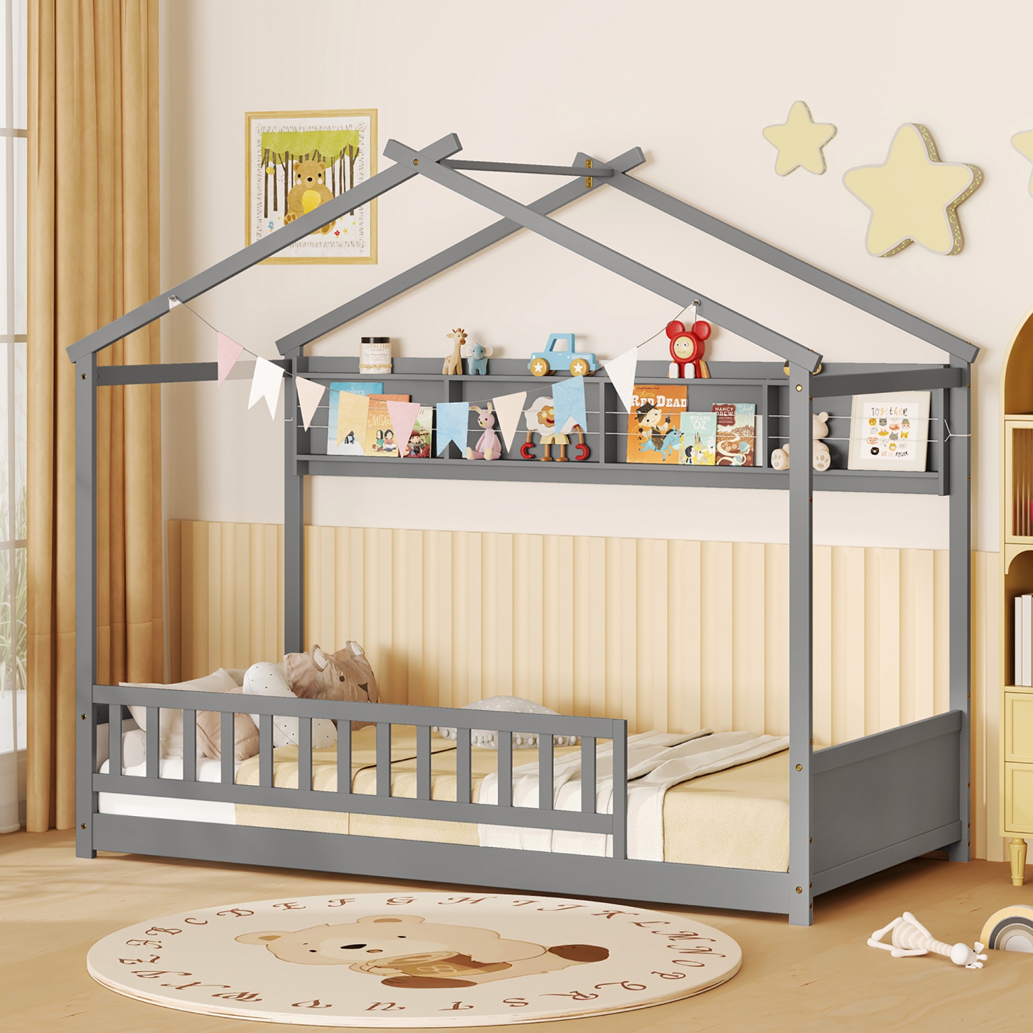 Gymax Twin Size House Bed w/Storage Shelf Headboard & Guardrail Wooden Slat Support