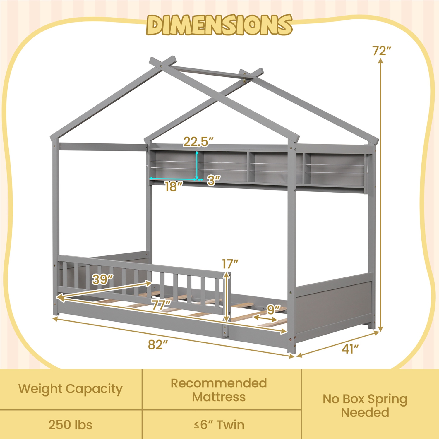 Gymax Twin Size House Bed w/Storage Shelf Headboard & Guardrail Wooden Slat Support