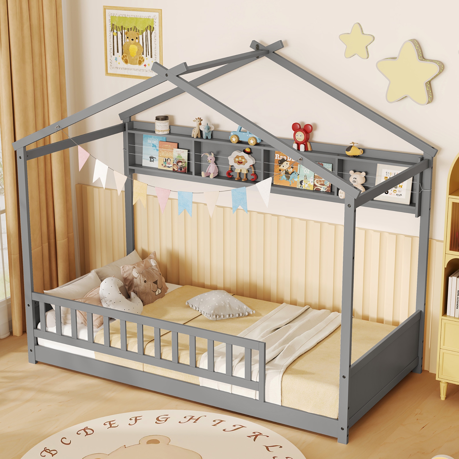 Gymax Twin Size House Bed w/Storage Shelf Headboard & Guardrail Wooden Slat Support