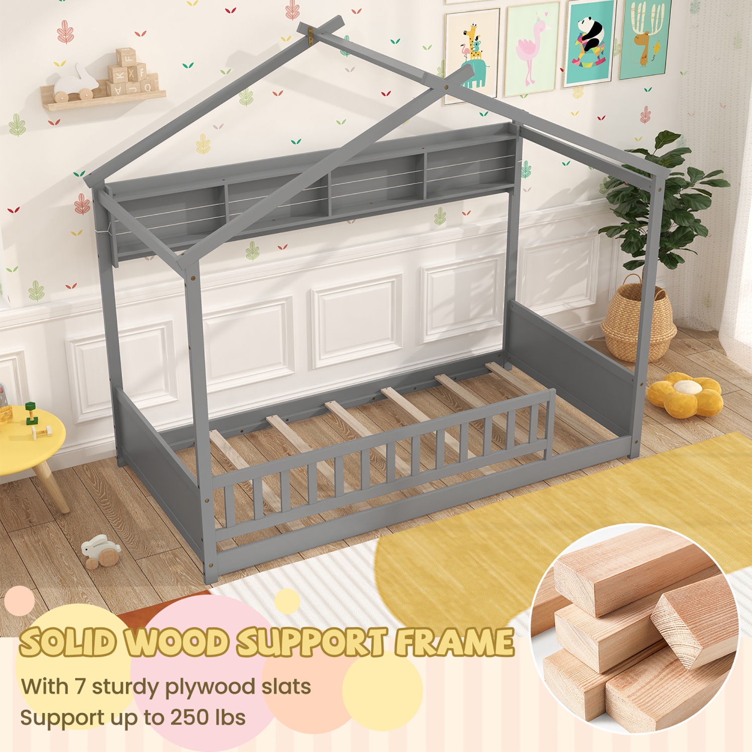 Gymax Twin Size House Bed w/Storage Shelf Headboard & Guardrail Wooden Slat Support