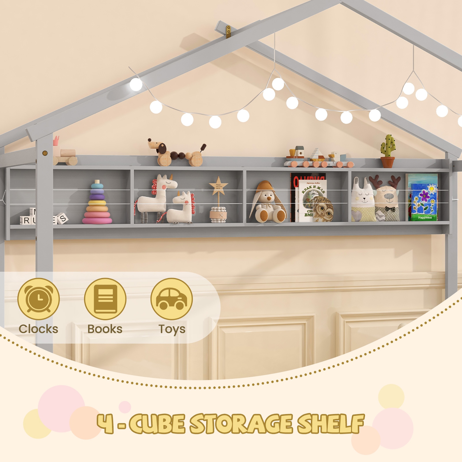 Gymax Twin Size House Bed w/Storage Shelf Headboard & Guardrail Wooden Slat Support