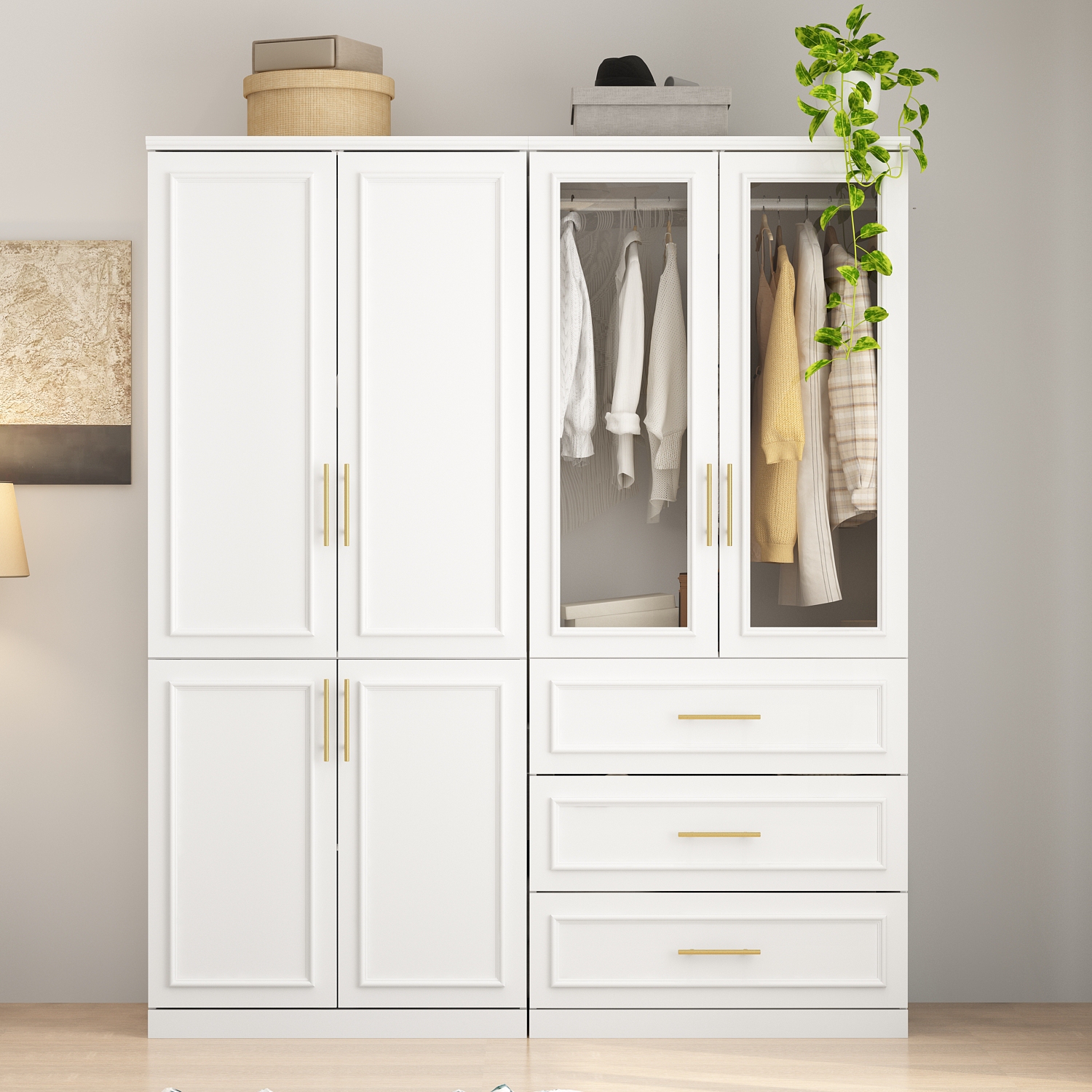 Homsee – Garde-robe moderne avec tablettes, tiges suspendues et tiroirs pour un rangement efficace dans des espaces restreints, blanc