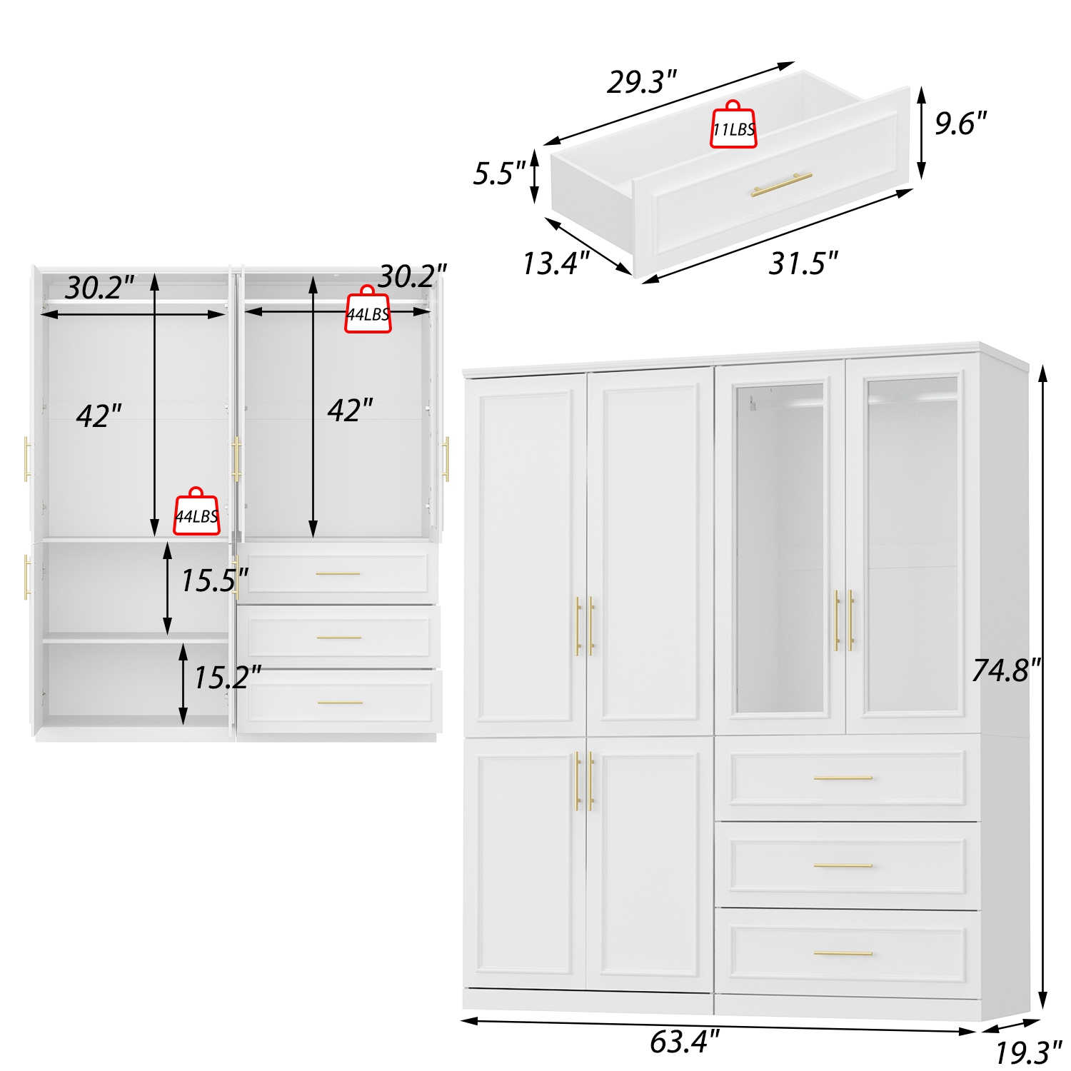 Homsee – Garde-robe moderne avec tablettes, tiges suspendues et tiroirs pour un rangement efficace dans des espaces restreints, blanc