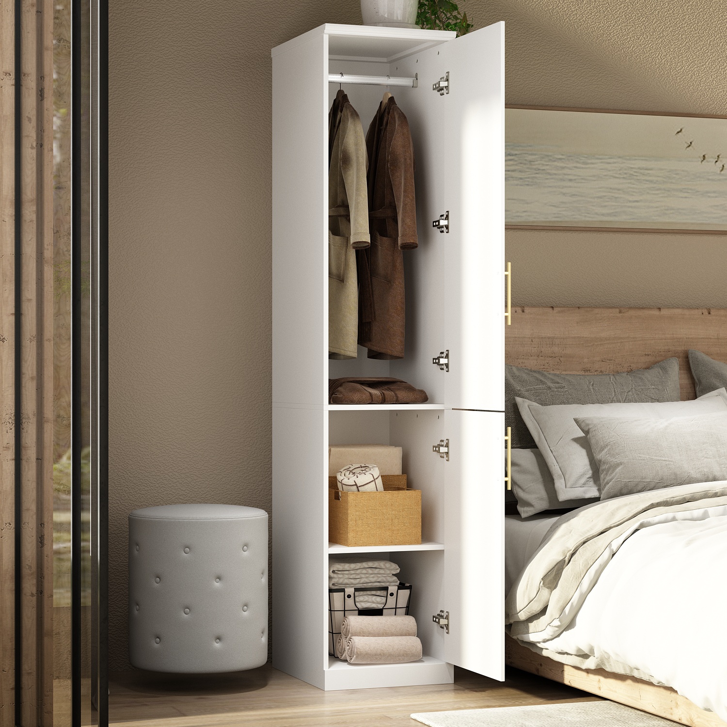 Armoire mince Homsee avec tablettes et tiges de suspension pour espaces restreints, blanc