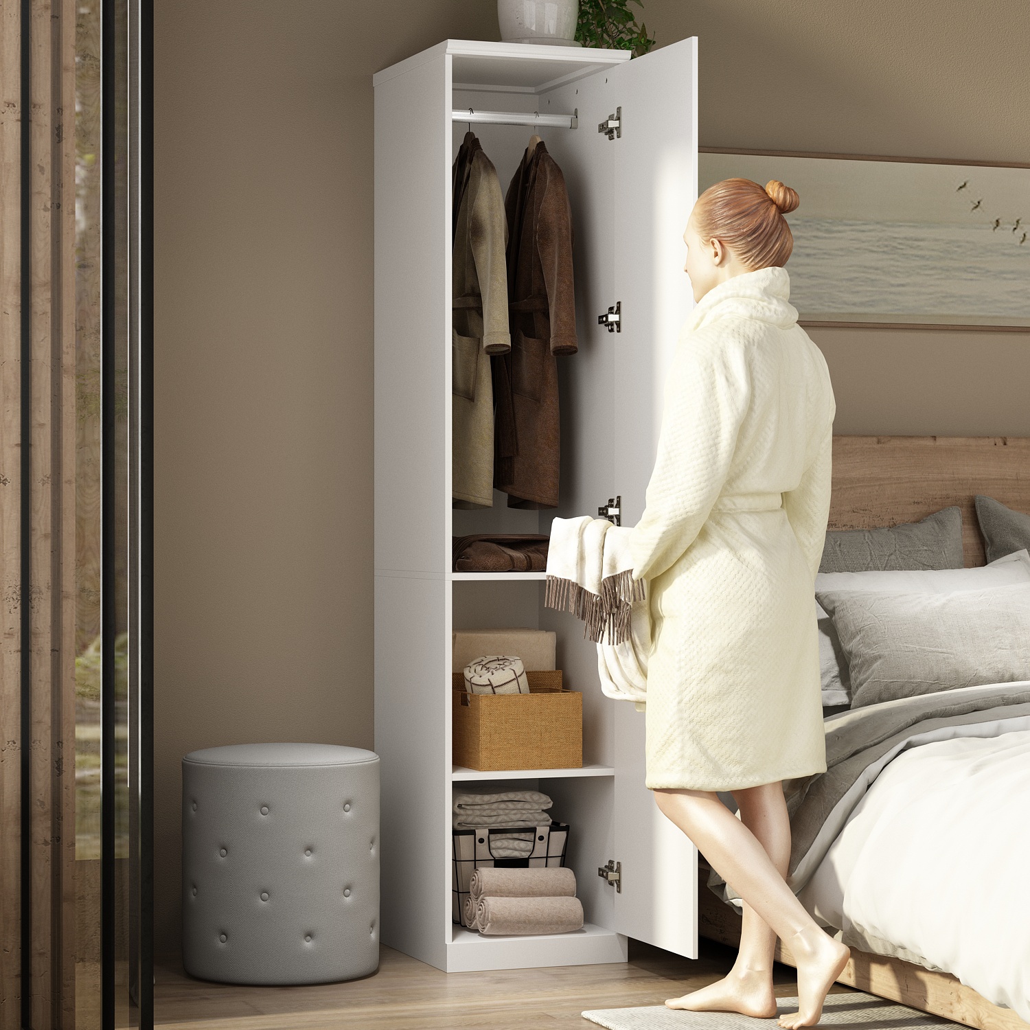 Armoire mince Homsee avec tablettes et tiges de suspension pour espaces restreints, blanc