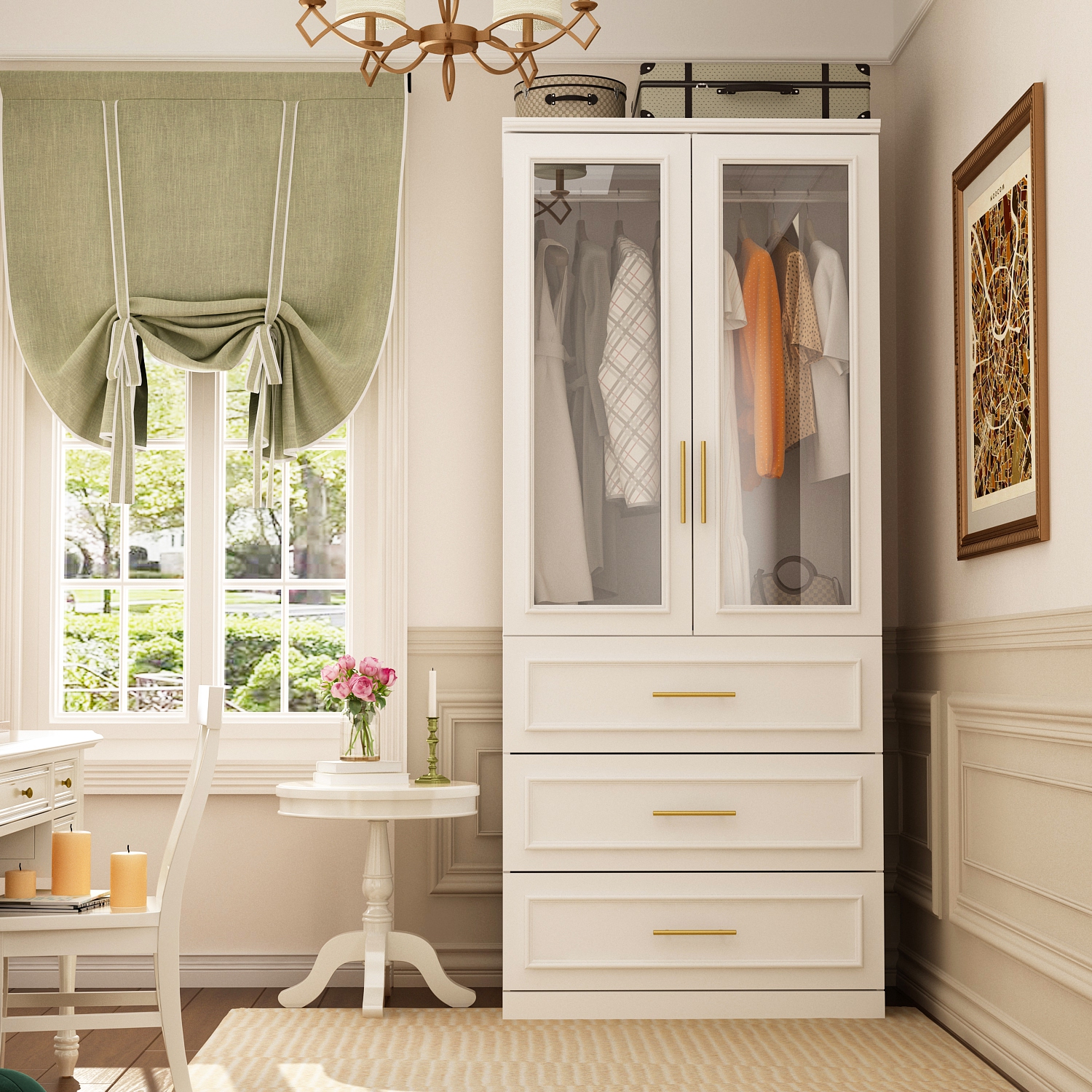 Homsee – Armoire élégante avec portes en verre, tringles suspendues et tiroirs spacieux pour rangement de chambre à coucher, blanc