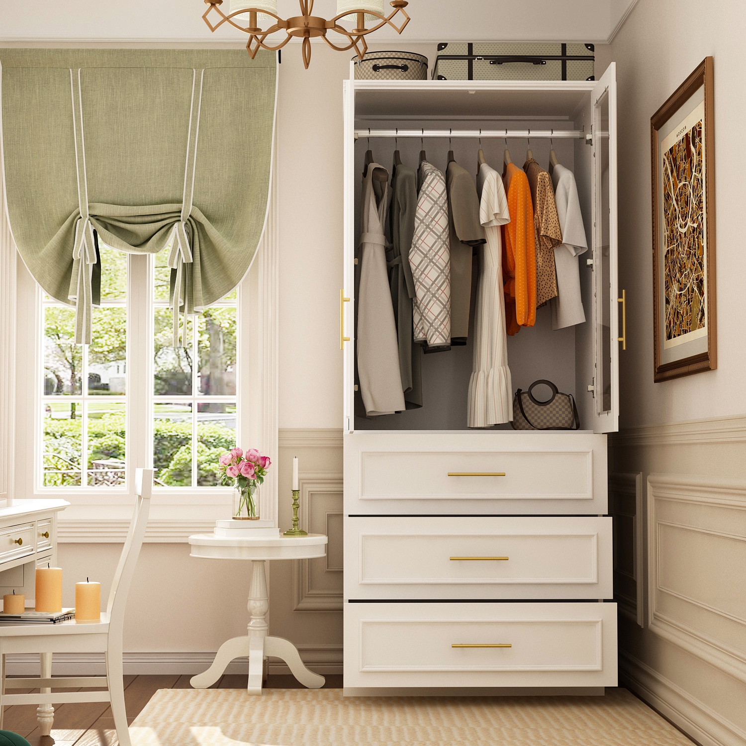 Homsee – Armoire élégante avec portes en verre, tringles suspendues et tiroirs spacieux pour rangement de chambre à coucher, blanc