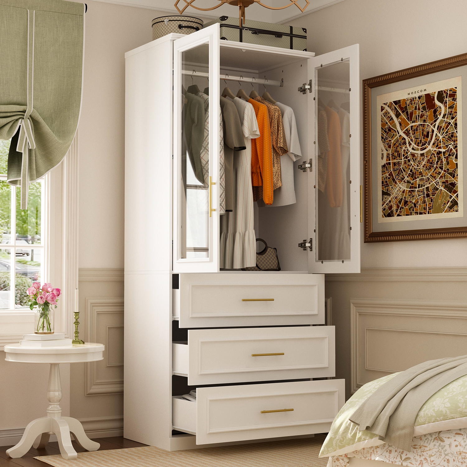 Homsee – Armoire élégante avec portes en verre, tringles suspendues et tiroirs spacieux pour rangement de chambre à coucher, blanc