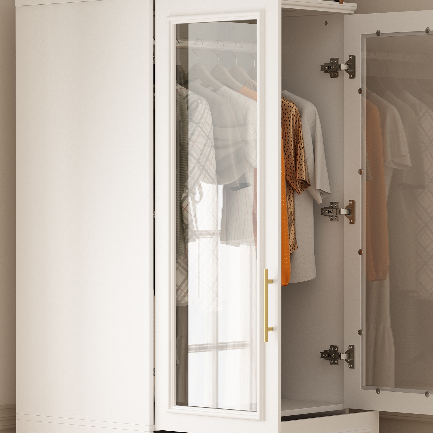 Homsee – Armoire élégante avec portes en verre, tringles suspendues et tiroirs spacieux pour rangement de chambre à coucher, blanc