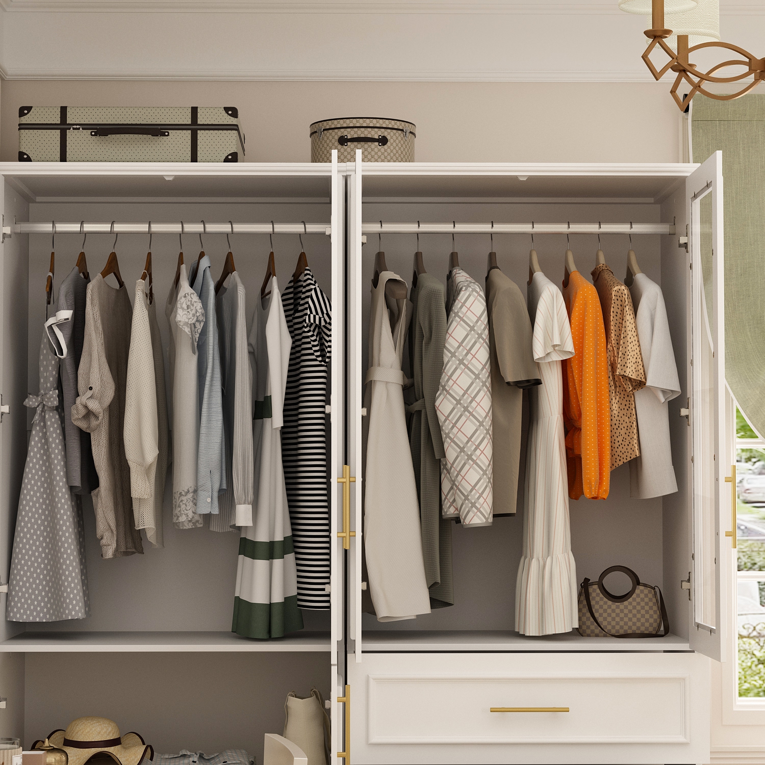 Homsee – Grande garde-robe avec tablettes réglables, deux tringles suspendues et plusieurs tiroirs pour rangement complet, blanc