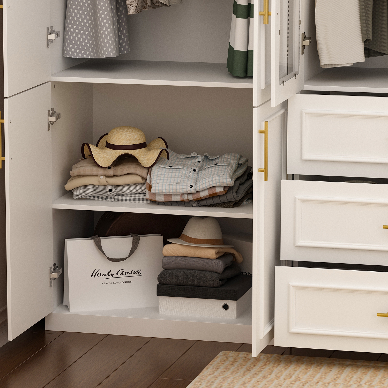 Homsee – Grande garde-robe avec tablettes réglables, deux tringles suspendues et plusieurs tiroirs pour rangement complet, blanc