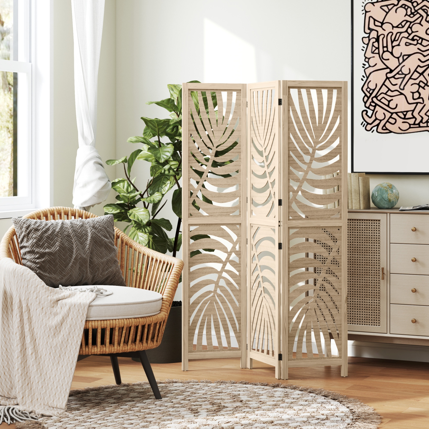 HOMCOM 3 Panel Room Divider, Detachable Portable Folding Privacy Screens, Freestanding Partition Wall Dividers with Palm Leaf Design for Home Office,