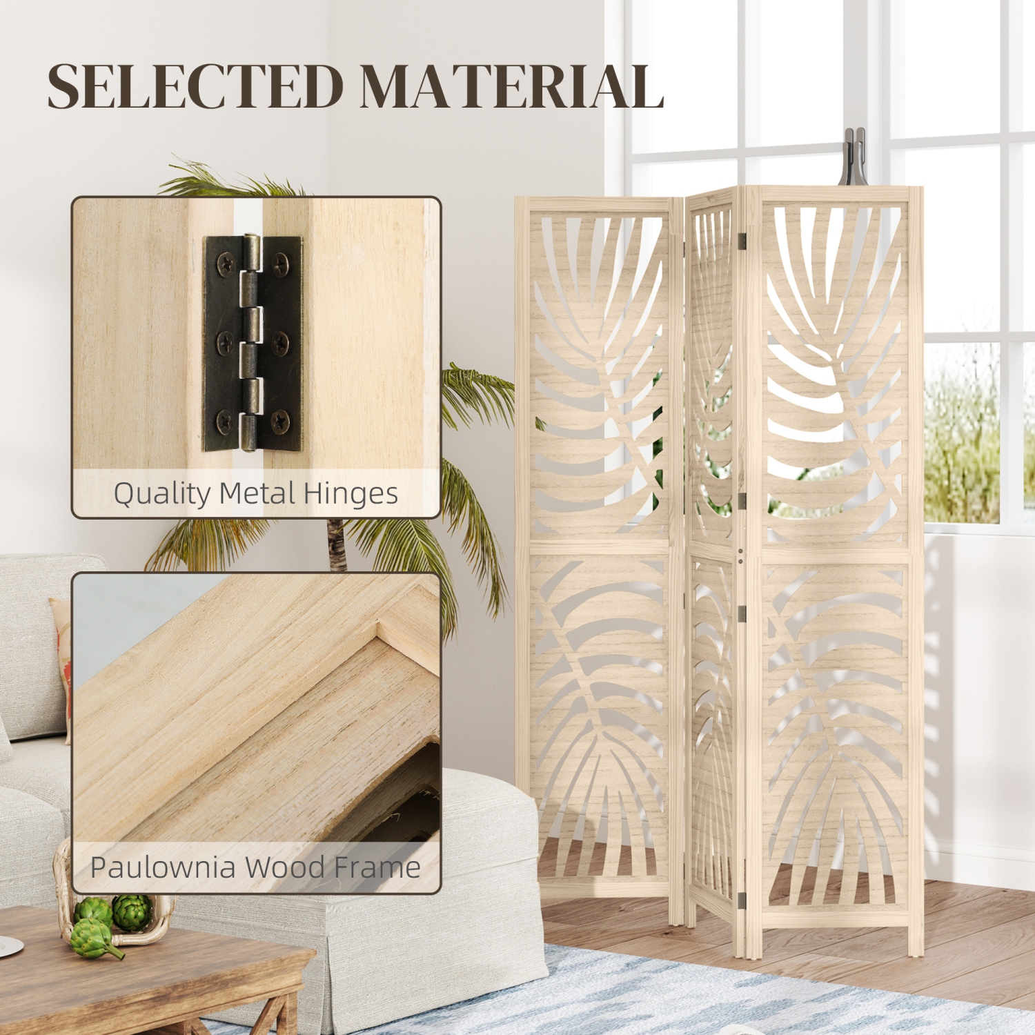 HOMCOM 3 Panel Room Divider, Detachable Portable Folding Privacy Screens, Freestanding Partition Wall Dividers with Palm Leaf Design for Home Office,