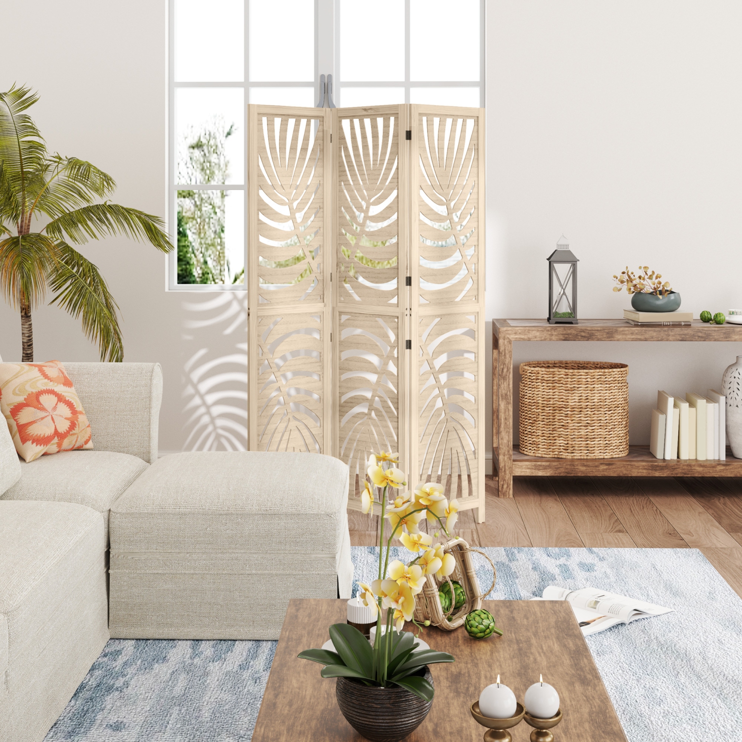 HOMCOM 3 Panel Room Divider, Detachable Portable Folding Privacy Screens, Freestanding Partition Wall Dividers with Palm Leaf Design for Home Office,