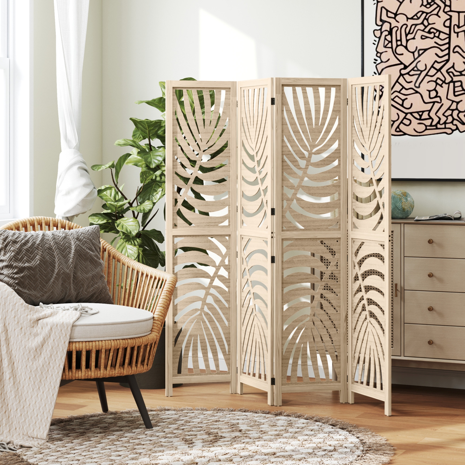 HOMCOM 4 Panel Room Divider, Detachable Portable Folding Privacy Screens, Freestanding Partition Wall Dividers with Palm Leaf Design for Home Office,