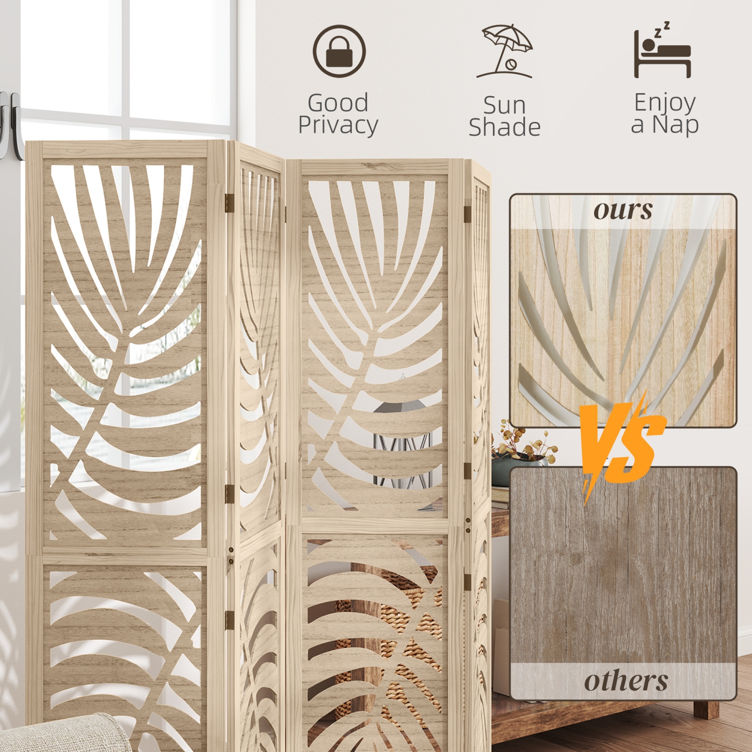 HOMCOM 4 Panel Room Divider, Detachable Portable Folding Privacy Screens, Freestanding Partition Wall Dividers with Palm Leaf Design for Home Office,