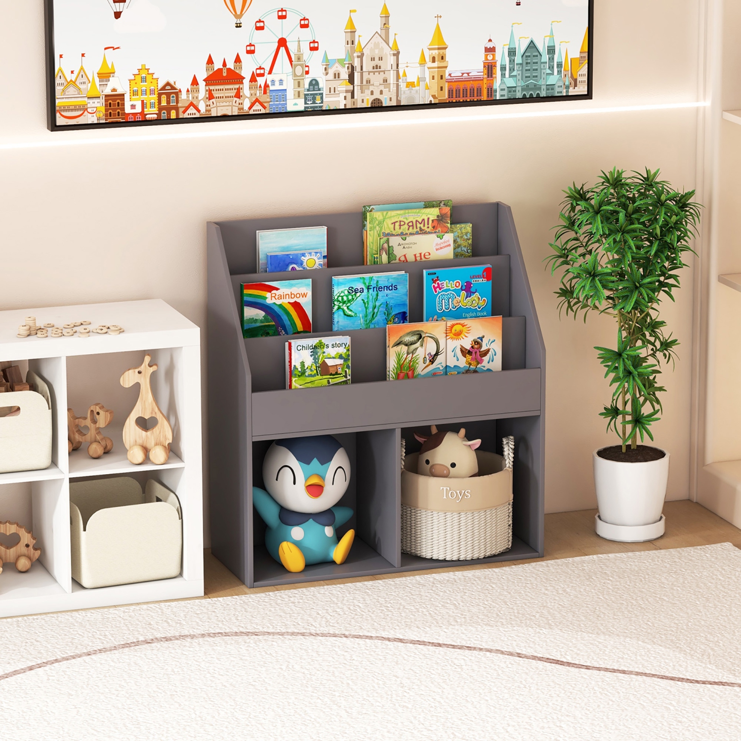 Gymax Honeyjoy Kids Wooden Bookshelf Bookcase Children Toy Storage Cabinet Organizer