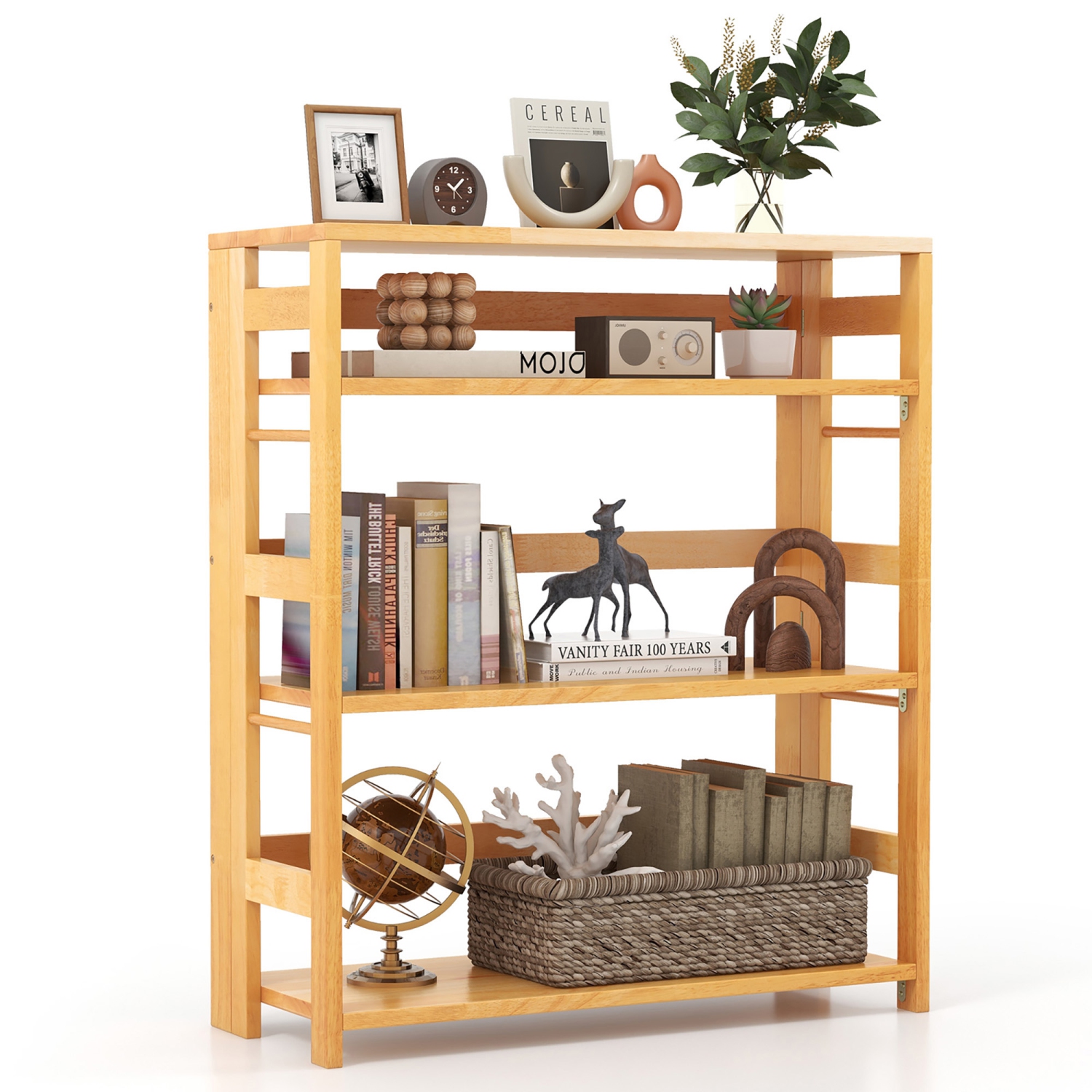 Gymax 4-Tier Bookshelf Floor Storage Shelf w/ Rubber Wood Frame Anti-Toppling Kits