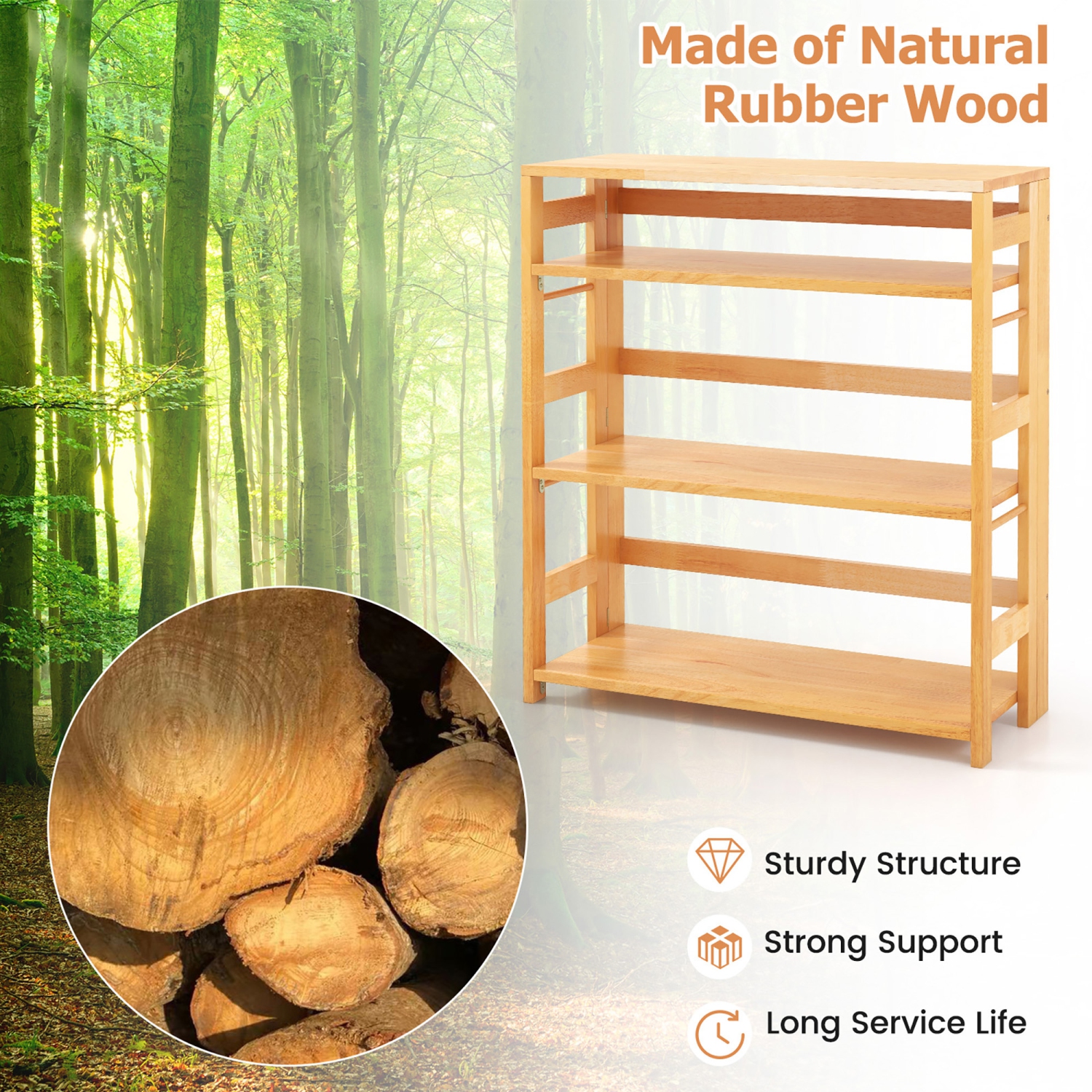 Gymax 4-Tier Bookshelf Floor Storage Shelf w/ Rubber Wood Frame Anti-Toppling Kits