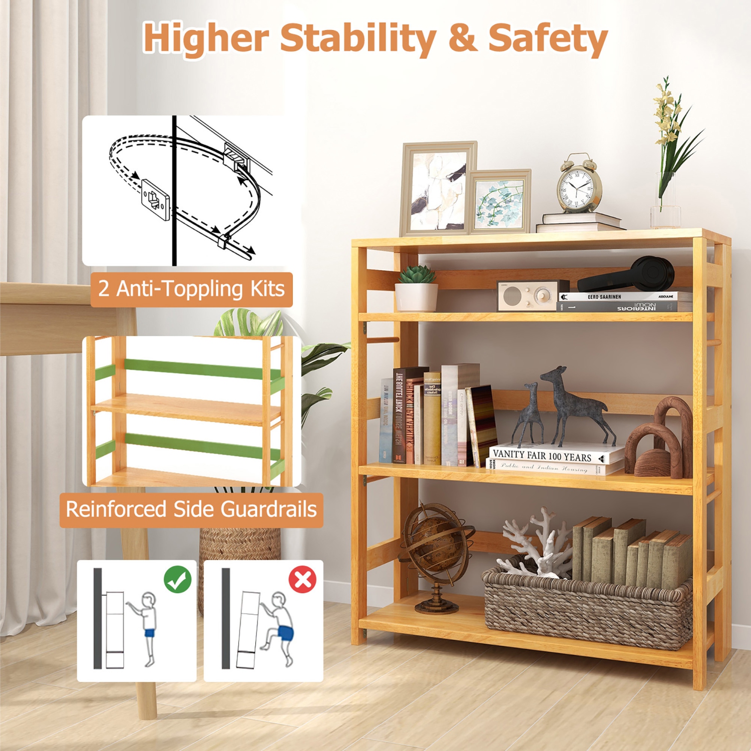 Gymax 4-Tier Bookshelf Floor Storage Shelf w/ Rubber Wood Frame Anti-Toppling Kits