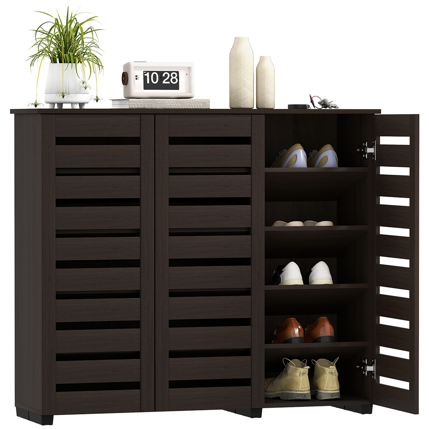 HOMCOM – Armoire à chaussures étroite avec 3 portes à lattes, armoire de rangement moderne pour chaussures avec tablettes réglables pour entrée,