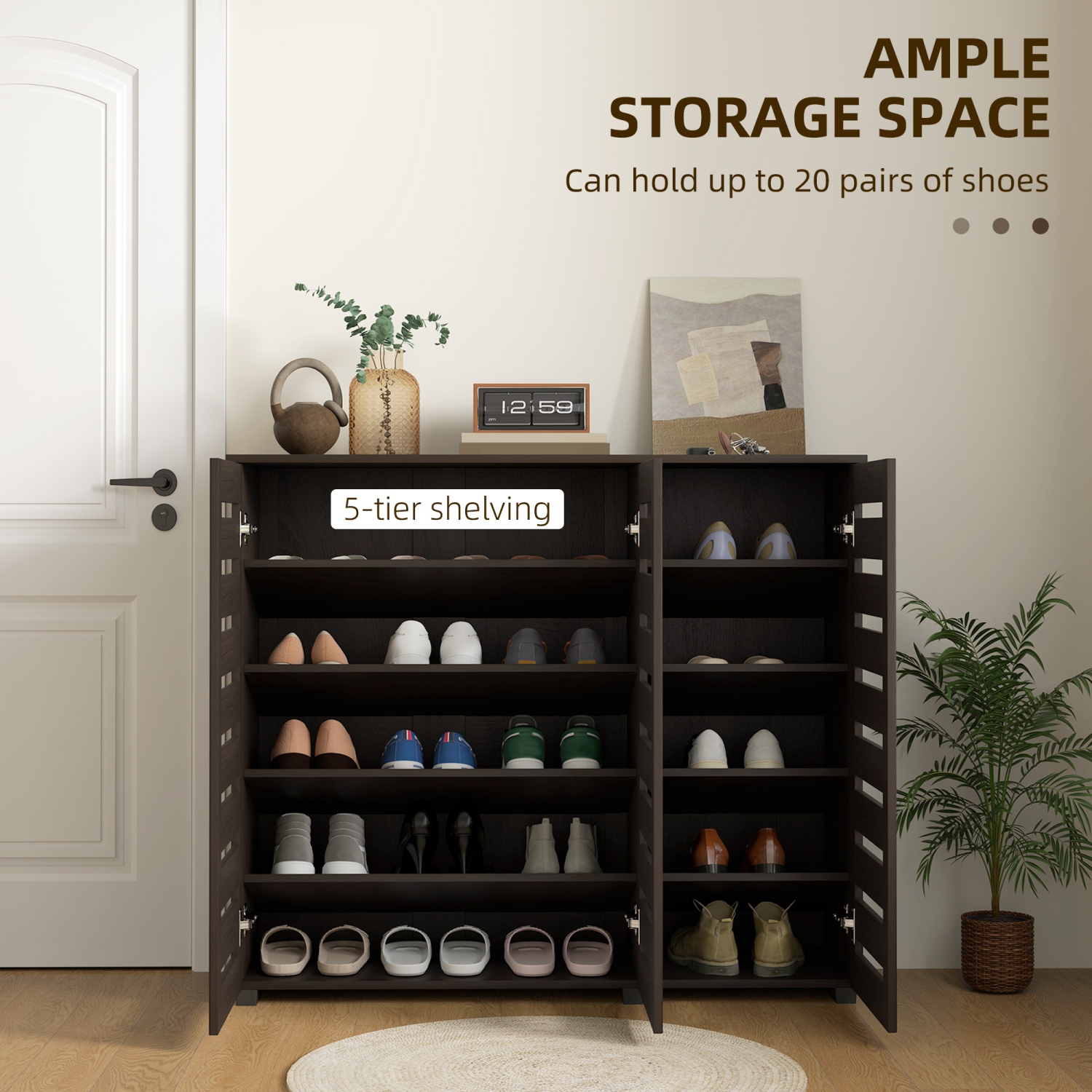 HOMCOM – Armoire à chaussures étroite avec 3 portes à lattes, armoire de rangement moderne pour chaussures avec tablettes réglables pour entrée,