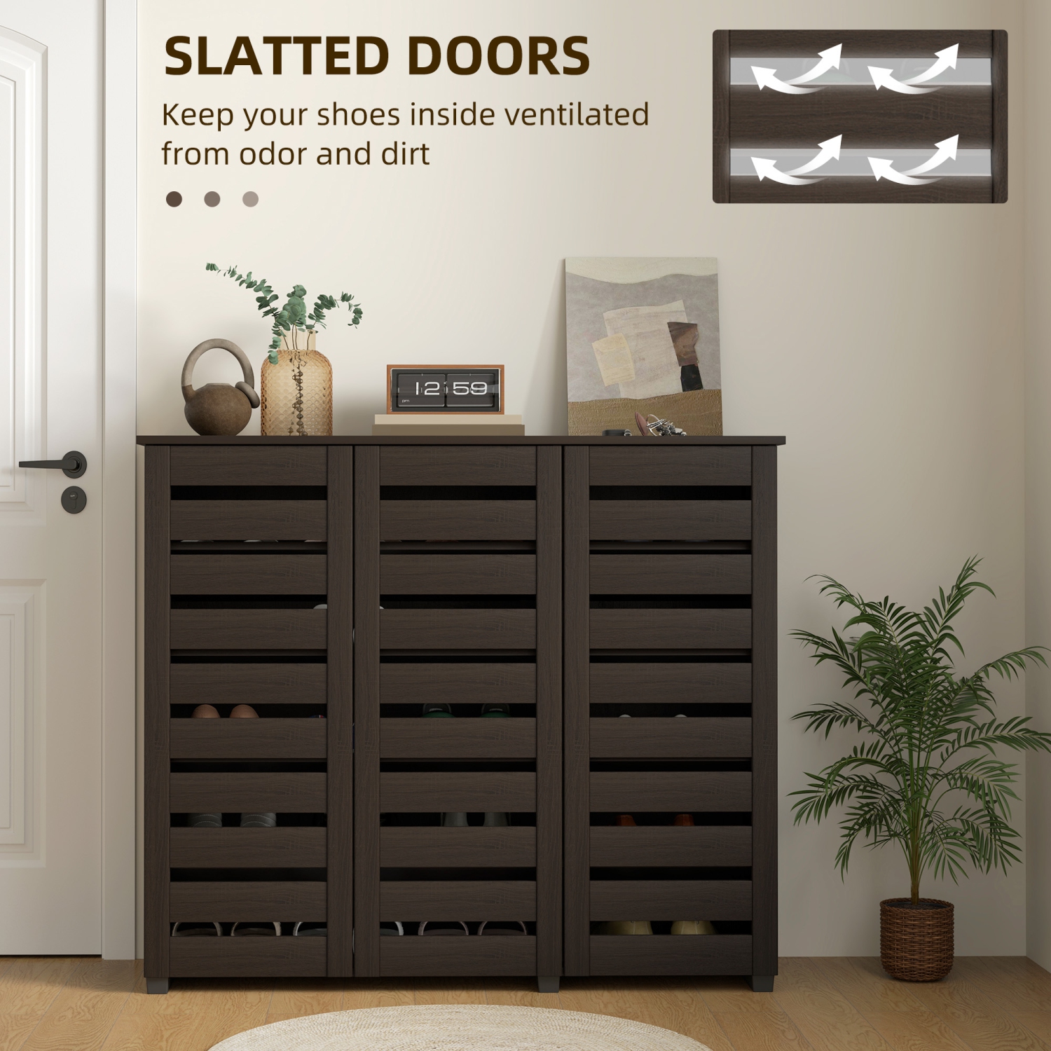 HOMCOM – Armoire à chaussures étroite avec 3 portes à lattes, armoire de rangement moderne pour chaussures avec tablettes réglables pour entrée,
