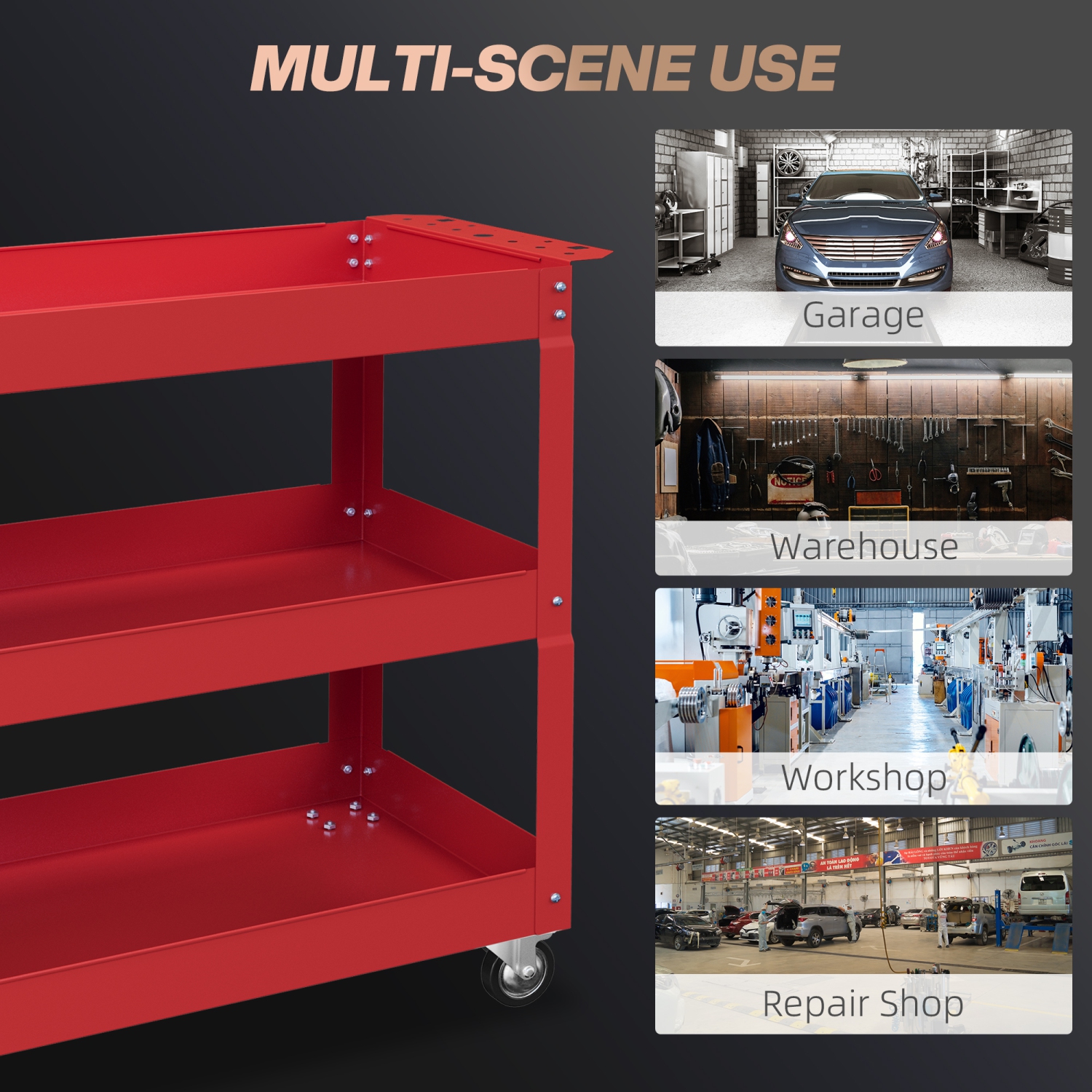 DURHAND 3 Tier Rolling Tool Cart with Wheels, 330 LBS Capacity Heavy Duty Utility Cart, Steel Mobile Service Cart for Garage, Mechanics and