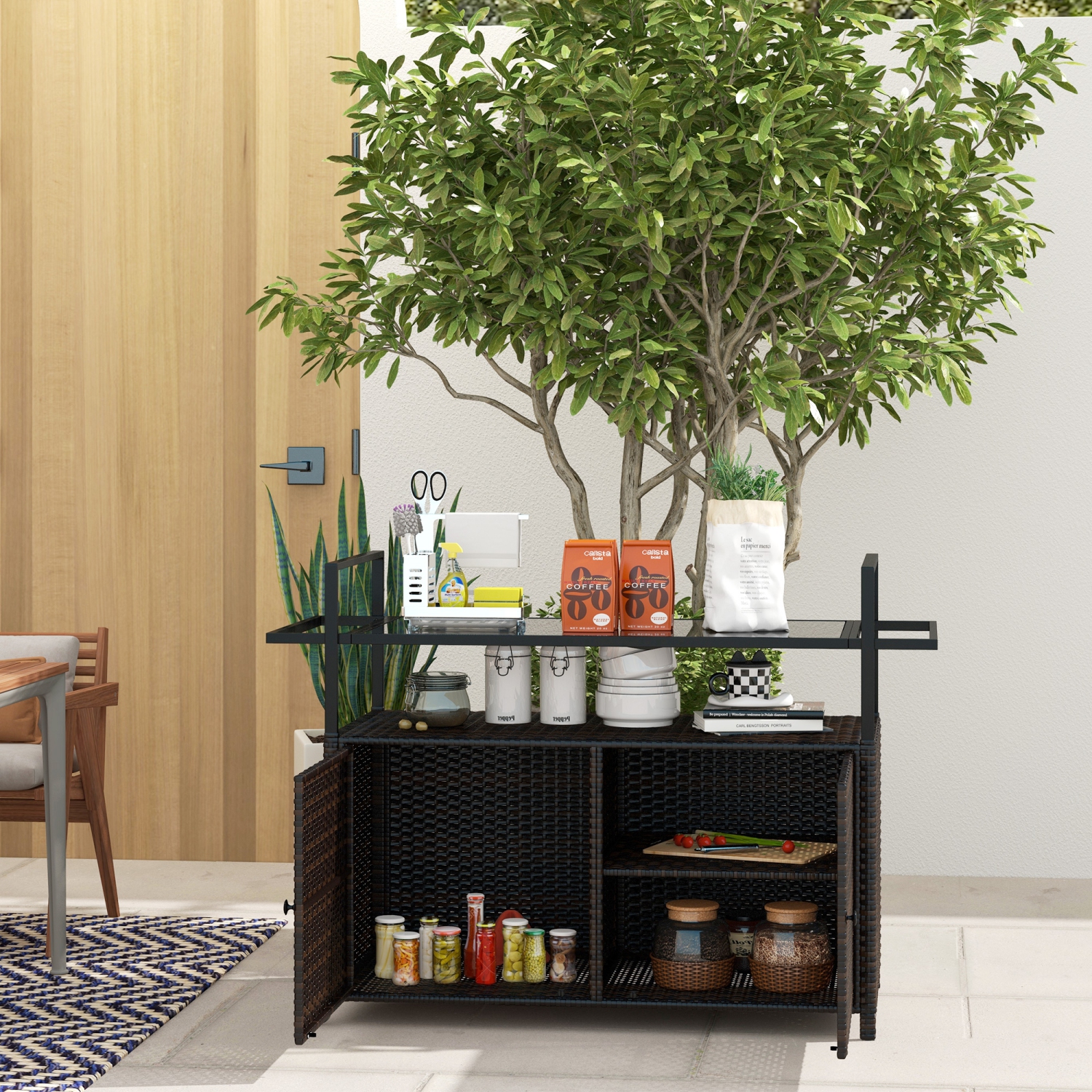 Outsunny PE Rattan Outdoor Bar Cart with Wheels, 2-Tier Outdoor Kitchen Island with Shelf & Cabinet, Rolling Cart with Glass Top, Handles, Towel