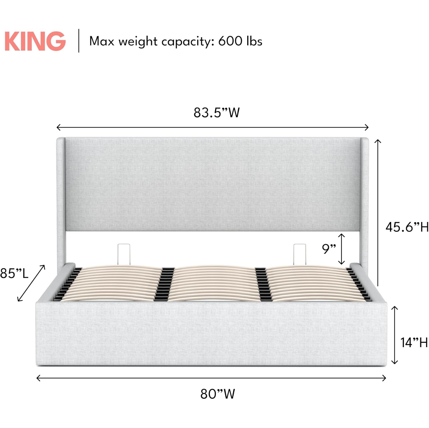 Cadre de très grand lit Aykah avec rangement hydraulique, tête de lit rembourrée, lit moderne à dossier en confessionnal, cadre de très grand lit en