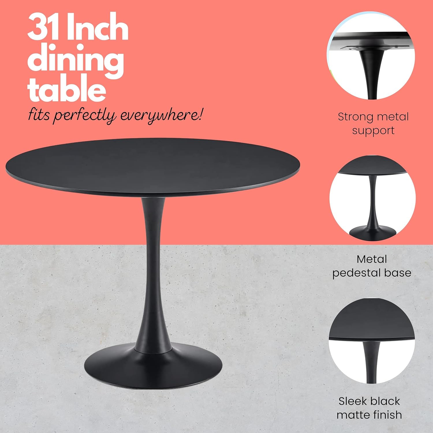 Table de salle à manger ronde moderne de 31,5 po Aykah pour 2/4 - Table ronde en bois manufacturé - Économise de l'espace avec base en métal
