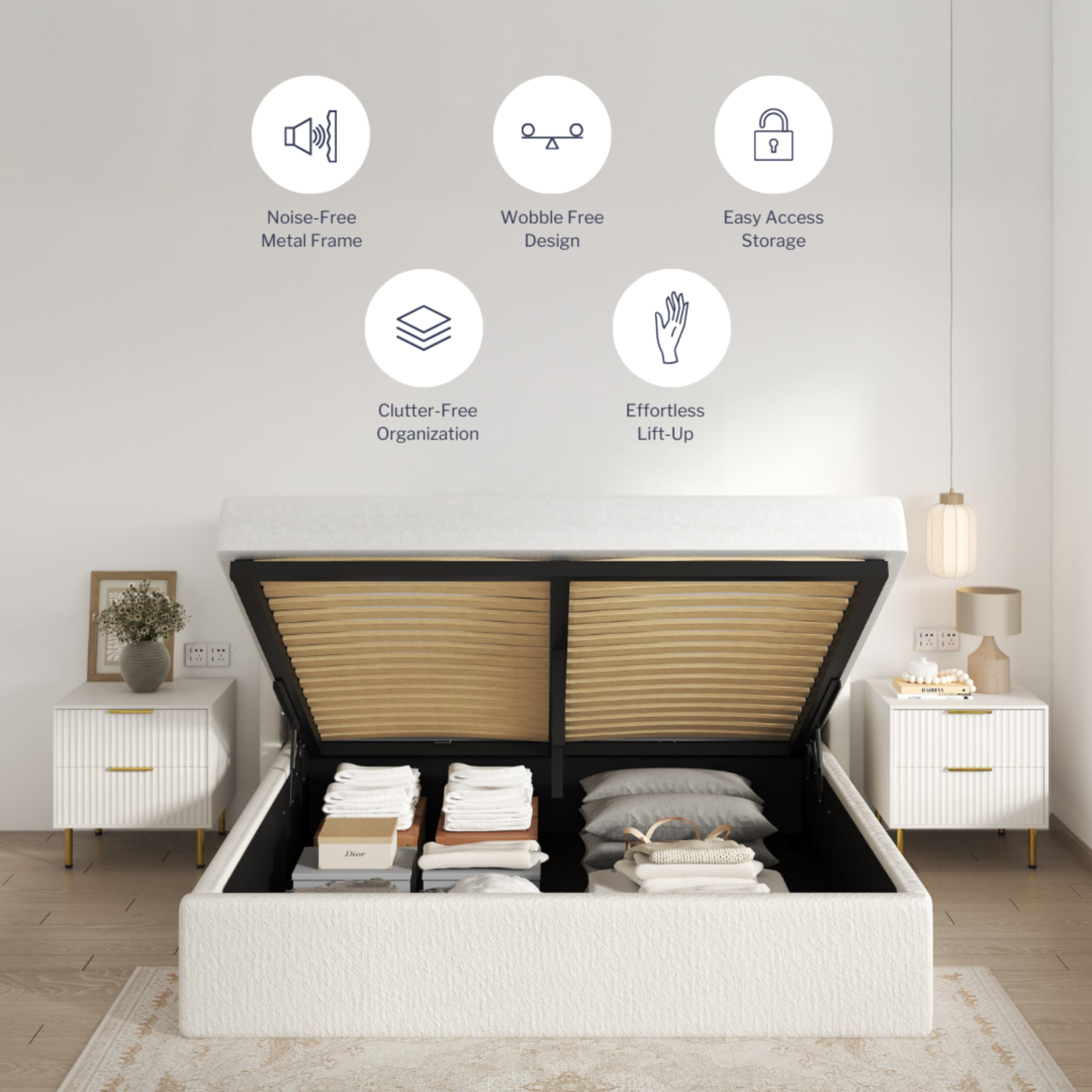 Aykah King Size Bed Frame with Storage, Upholstered Headboard, Modern Wingback Design Bed, Metal King Bed Frame with High Headboard, No Box Spring