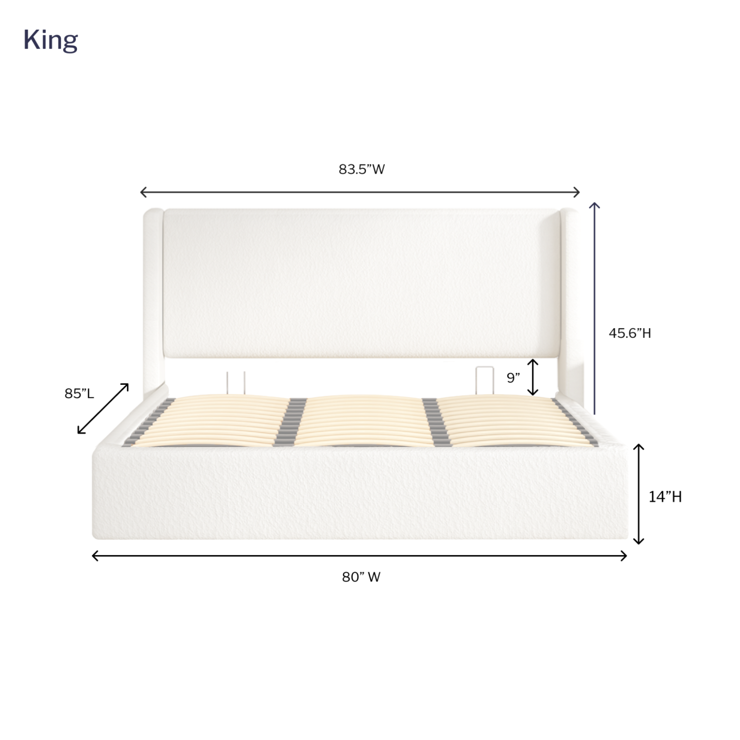 Aykah King Size Bed Frame with Storage, Upholstered Headboard, Modern Wingback Design Bed, Metal King Bed Frame with High Headboard, No Box Spring