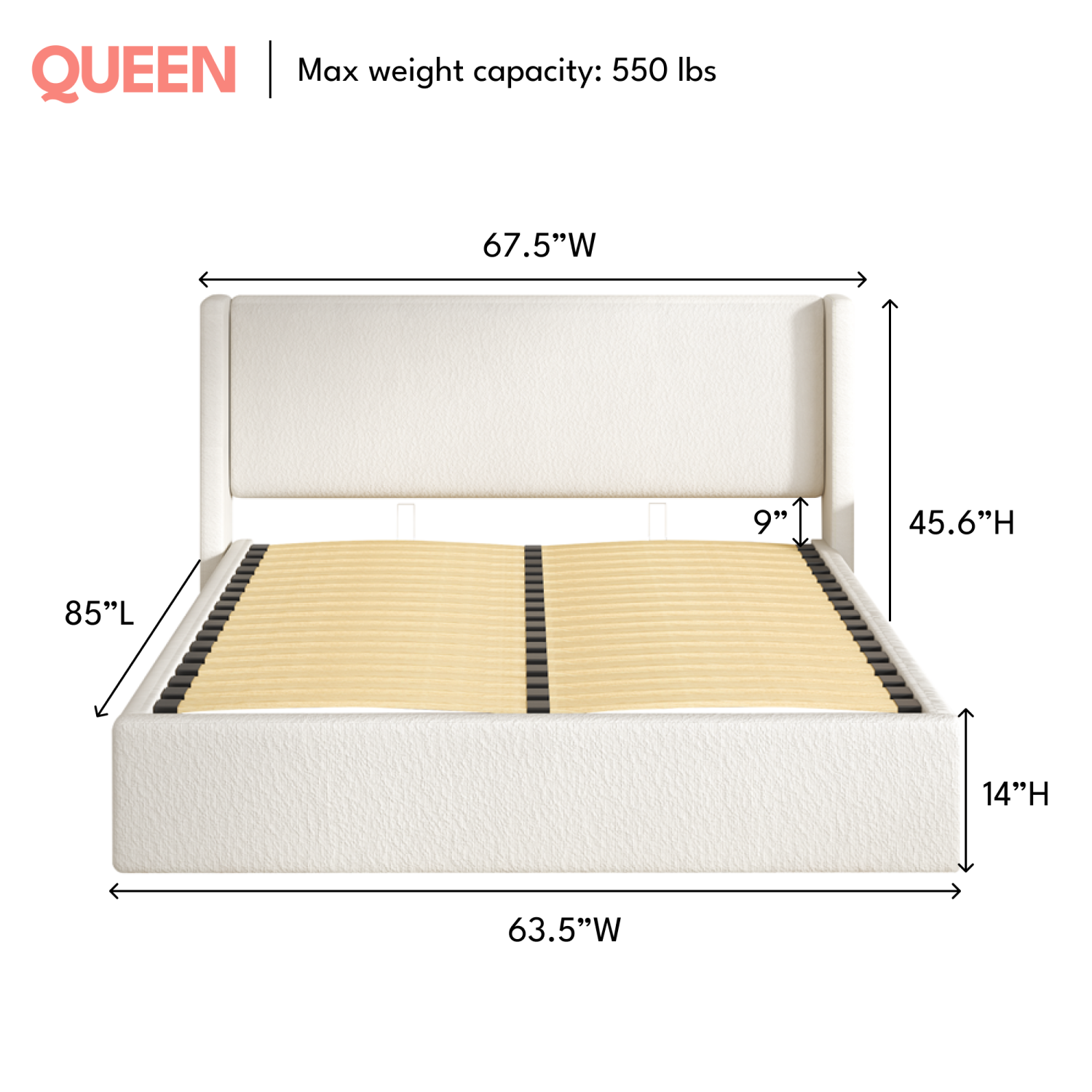 Aykah King Size Bed Frame with Storage, Upholstered Headboard, Modern Wingback Design Bed, Metal King Bed Frame with High Headboard, No Box Spring